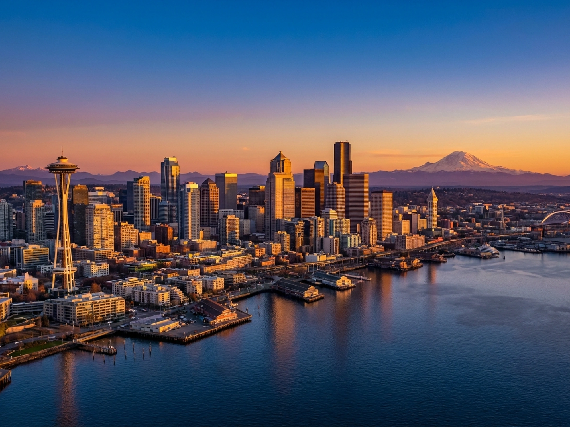 Panoramic aerial view of Seattle skyline at golden hour