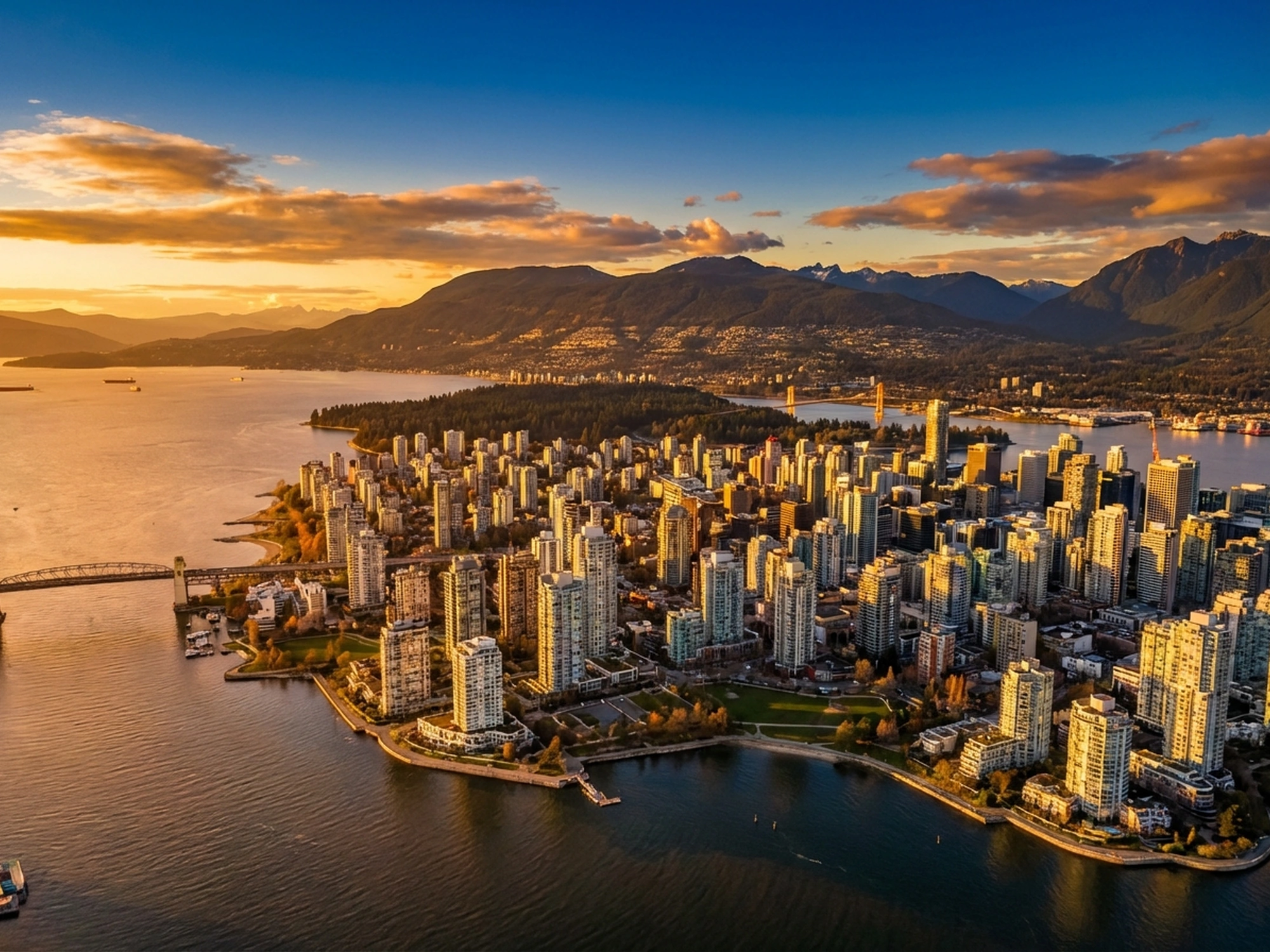 Panoramic aerial view of Vancouver skyline at golden hour