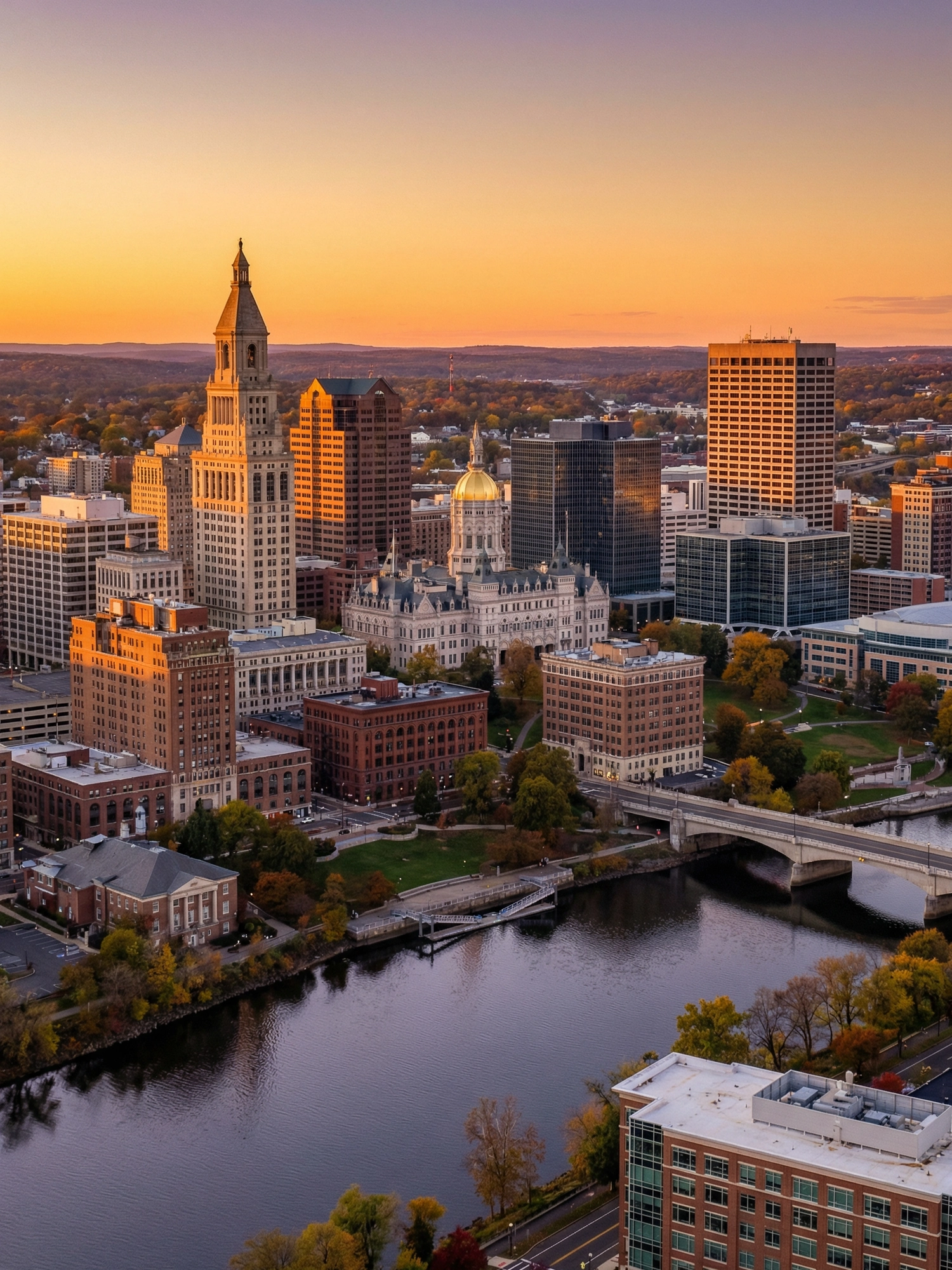 Image of Panoramic Cityscape View Of Hartford At Sunset