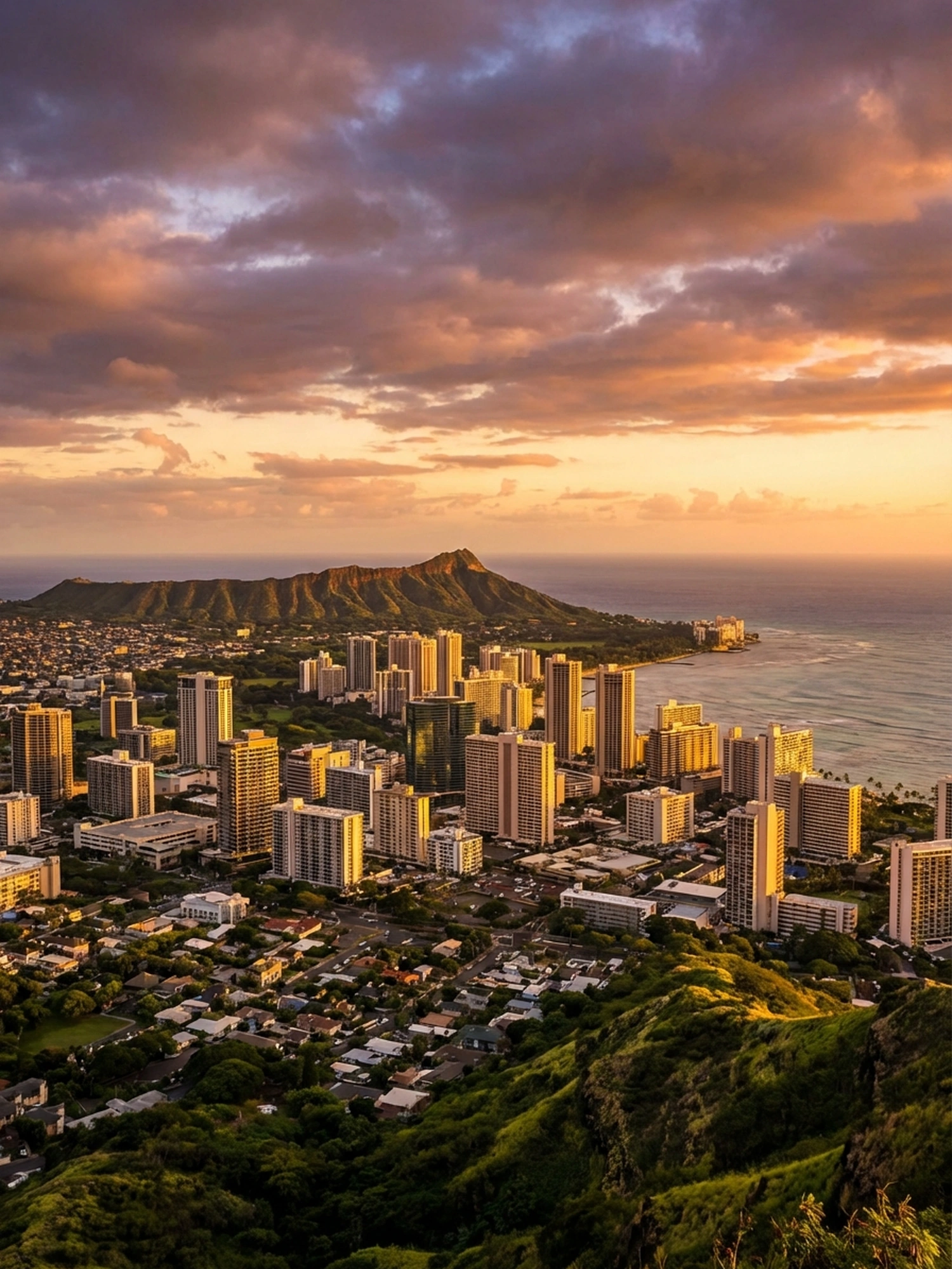 Image of Panoramic Cityscape View Of Hawaii At Sunset