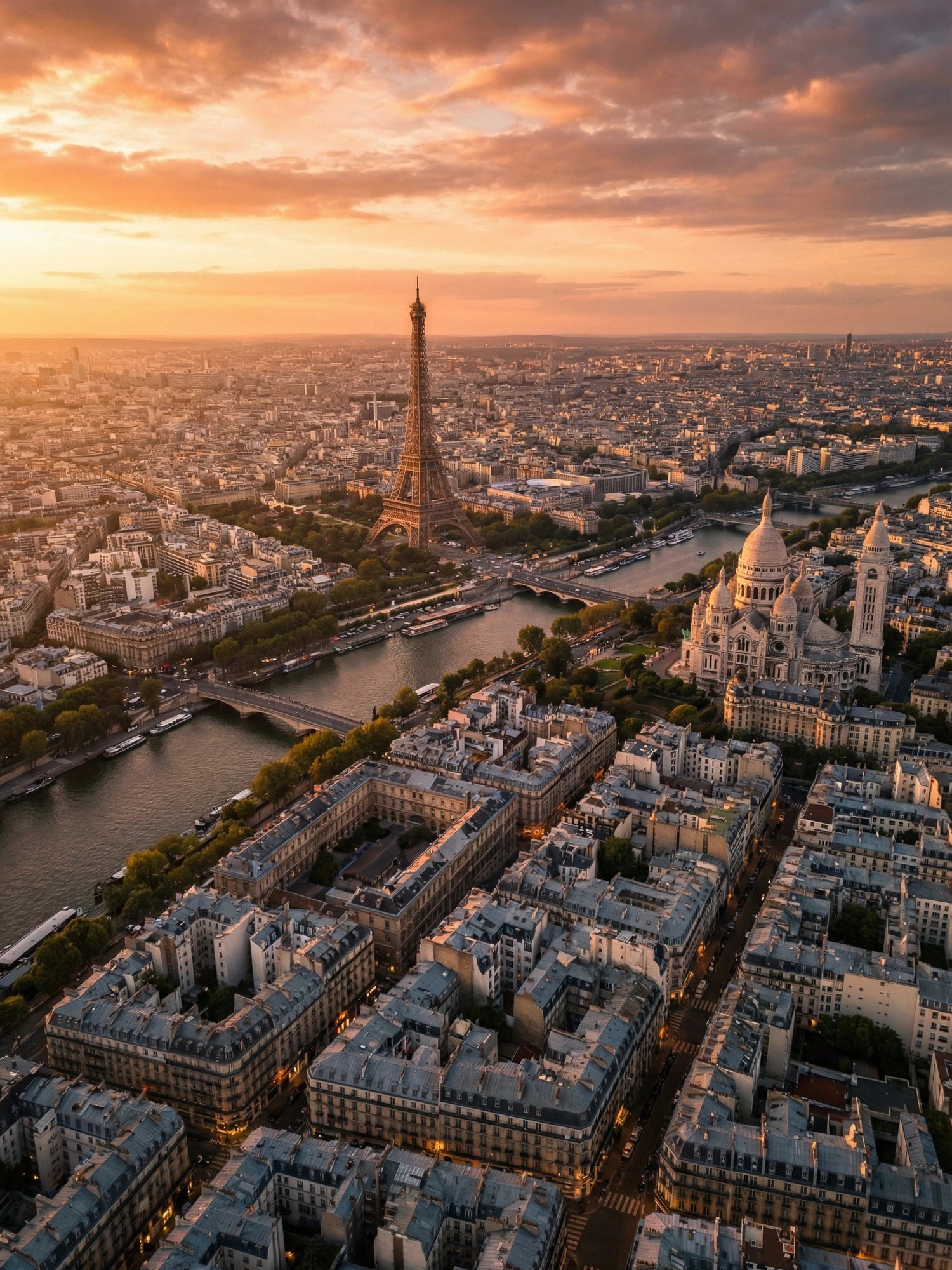 Image of Panoramic Cityscape View Of Paris At Sunset
