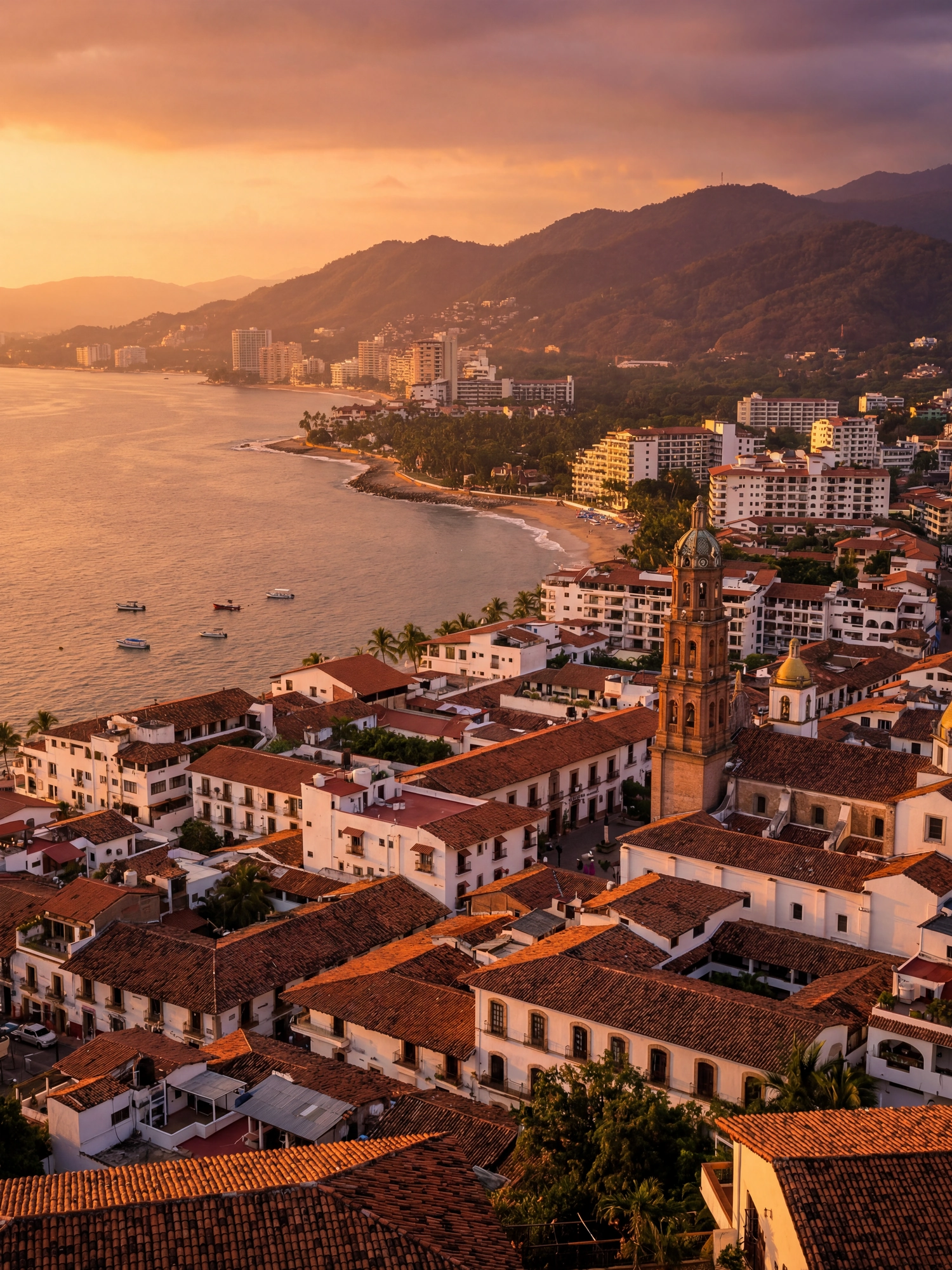 Image of Panoramic Cityscape View Of Puerto Vallarta At Sunset