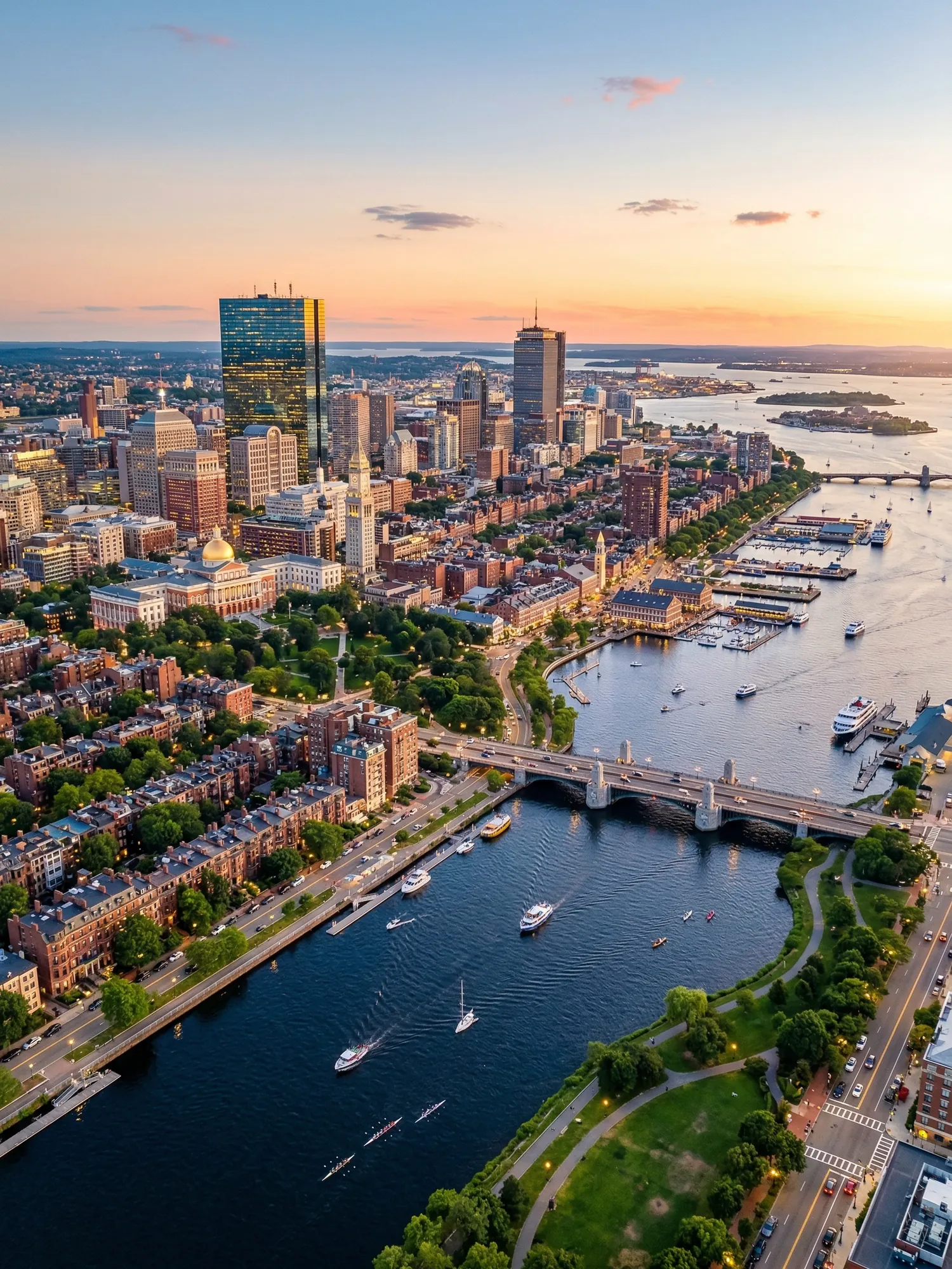 Panoramic aerial view of Boston skyline at golden hour
