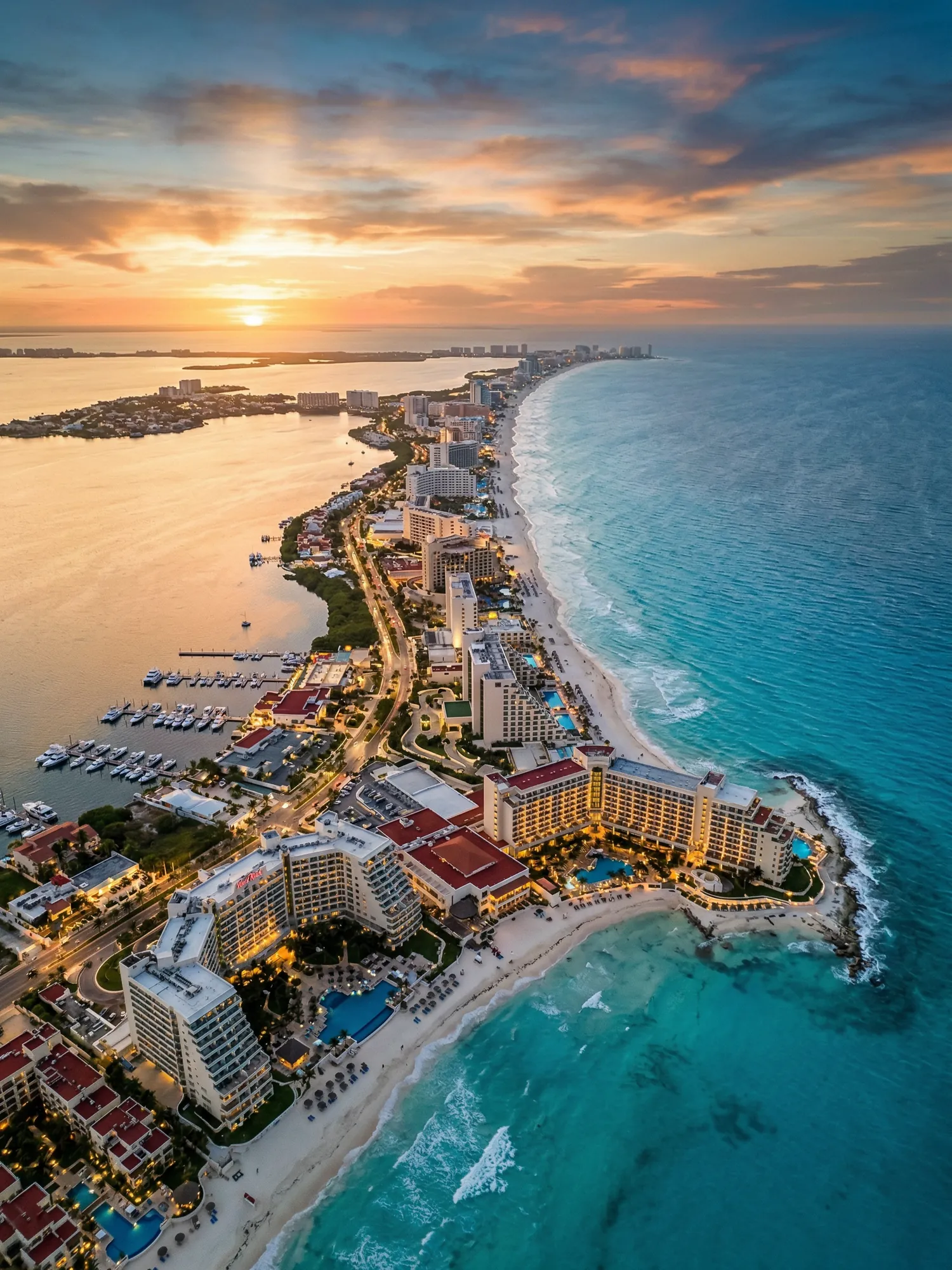 Panoramic aerial view of Cancun skyline at golden hour
