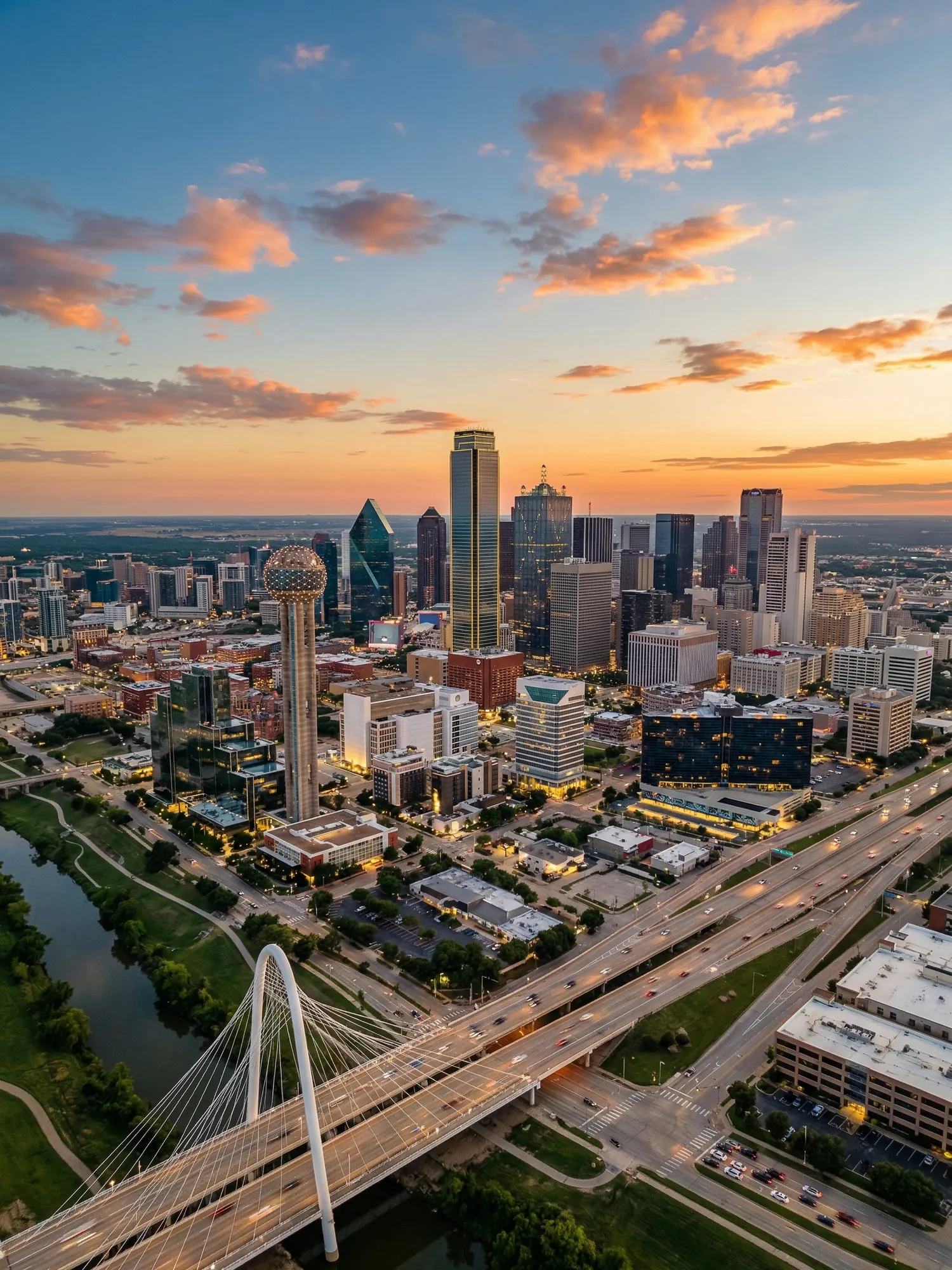 Panoramic aerial view of Dallas skyline at golden hour