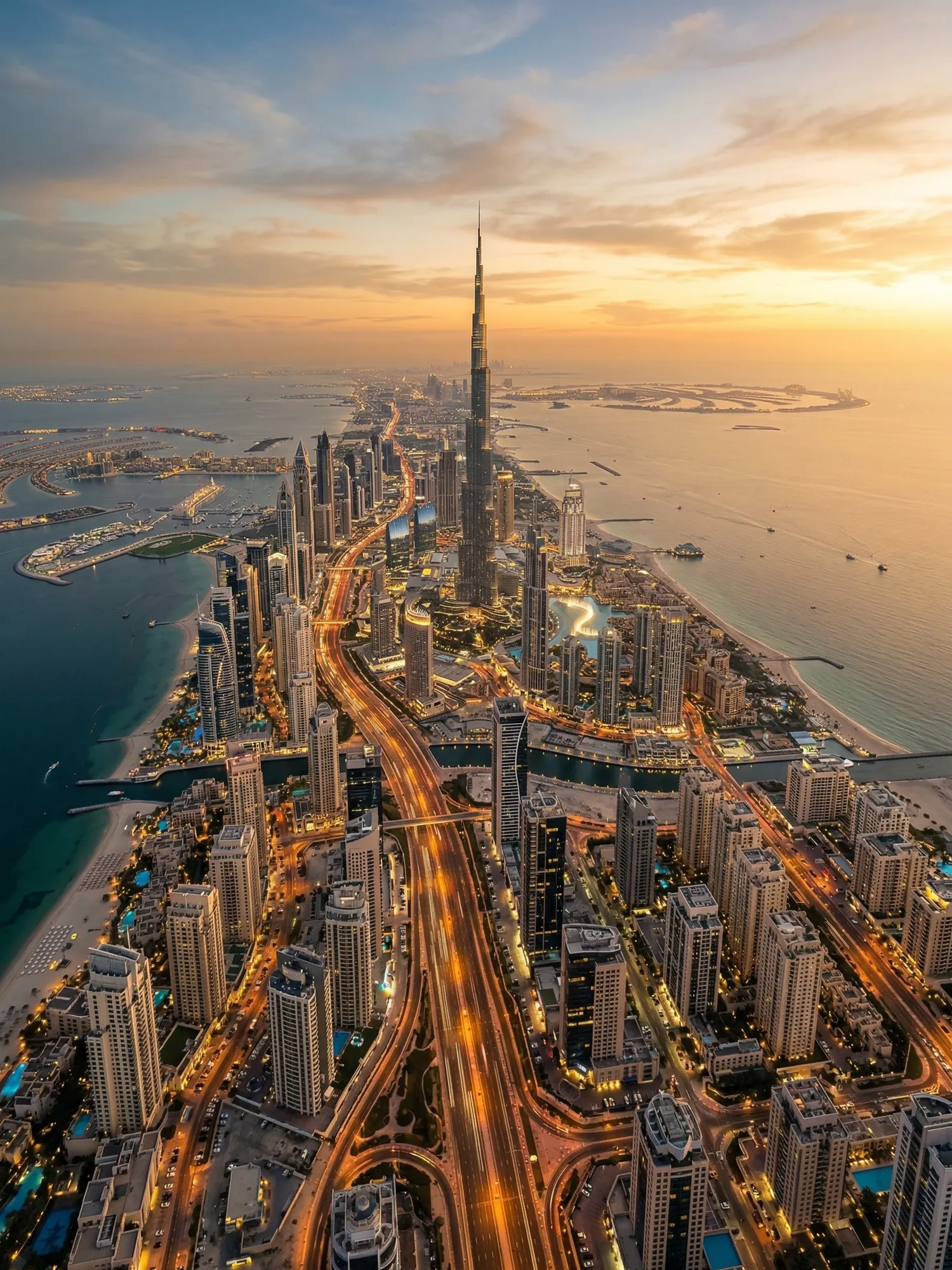 Panoramic aerial view of Dubai skyline at golden hour