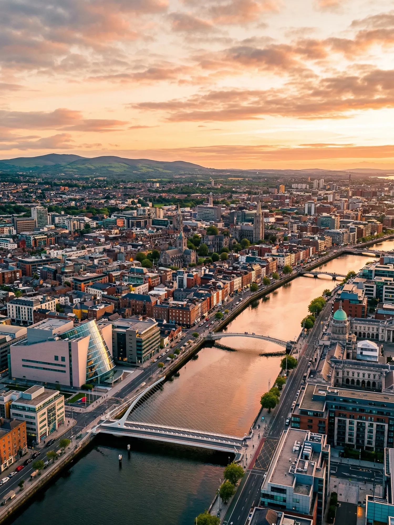 Panoramic aerial view of Dublin skyline at golden hour
