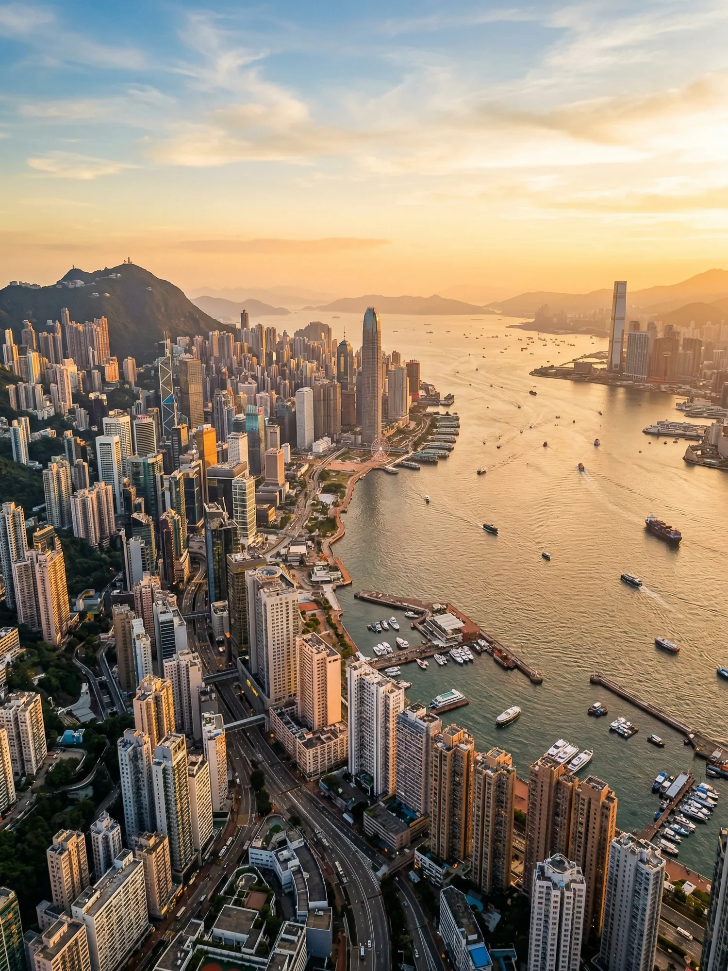 Panoramic aerial view of Hong Kong skyline at golden hour