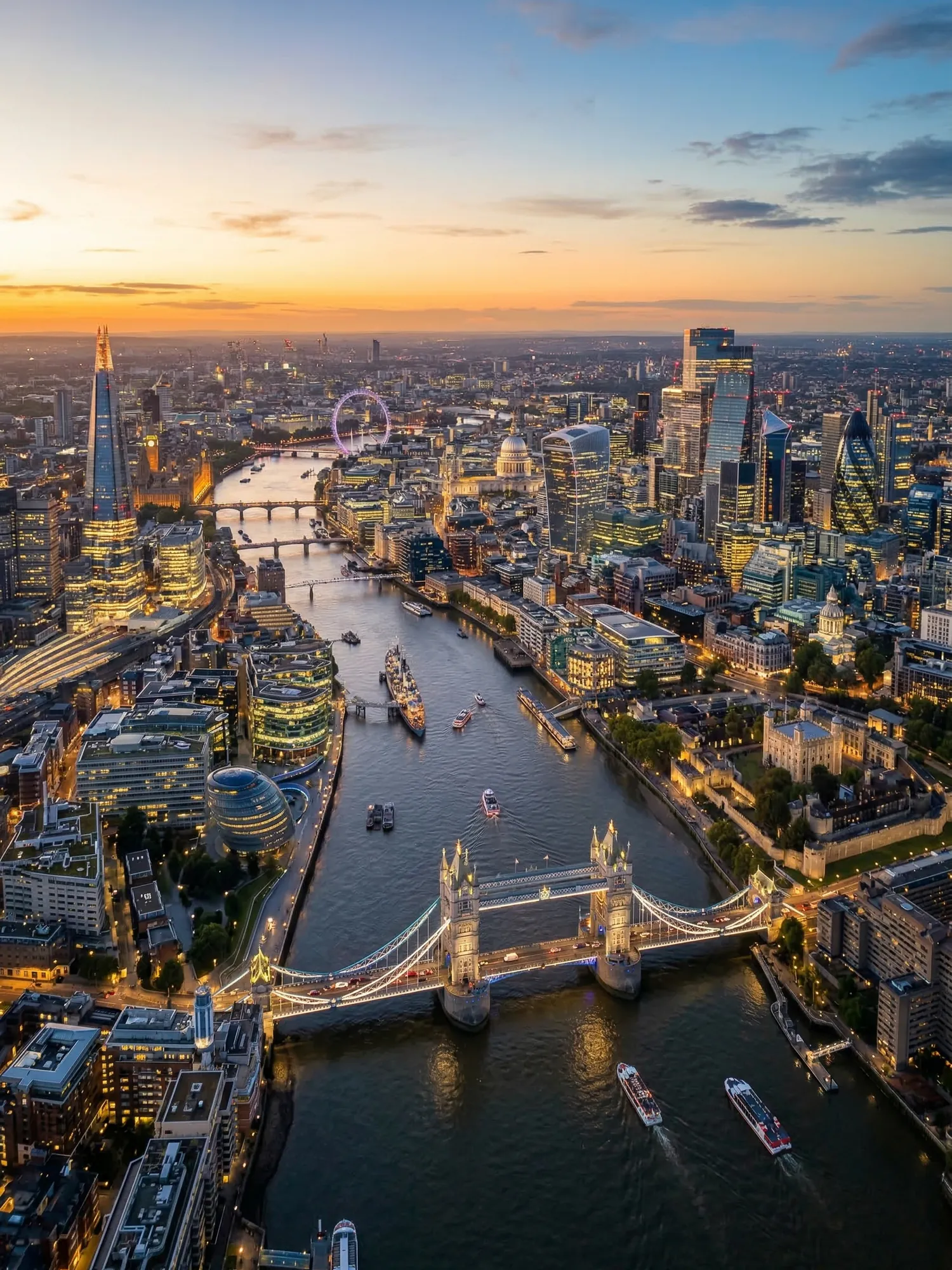 Panoramic aerial view of London skyline at golden hour
