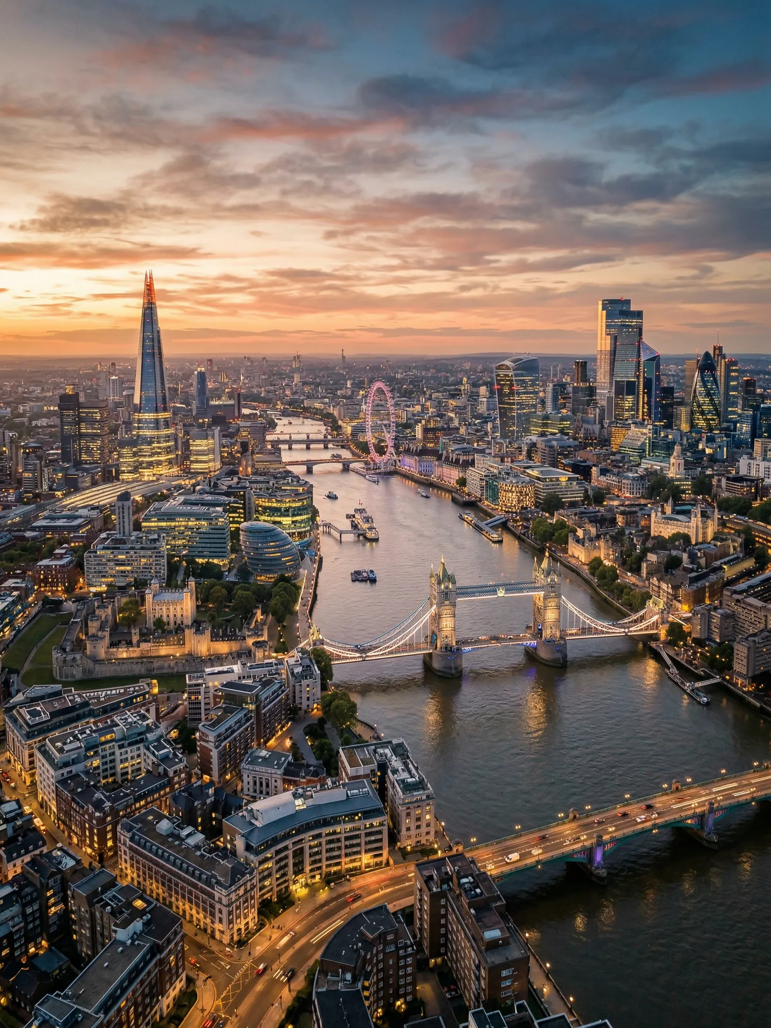 Panoramic aerial view of London skyline at golden hour