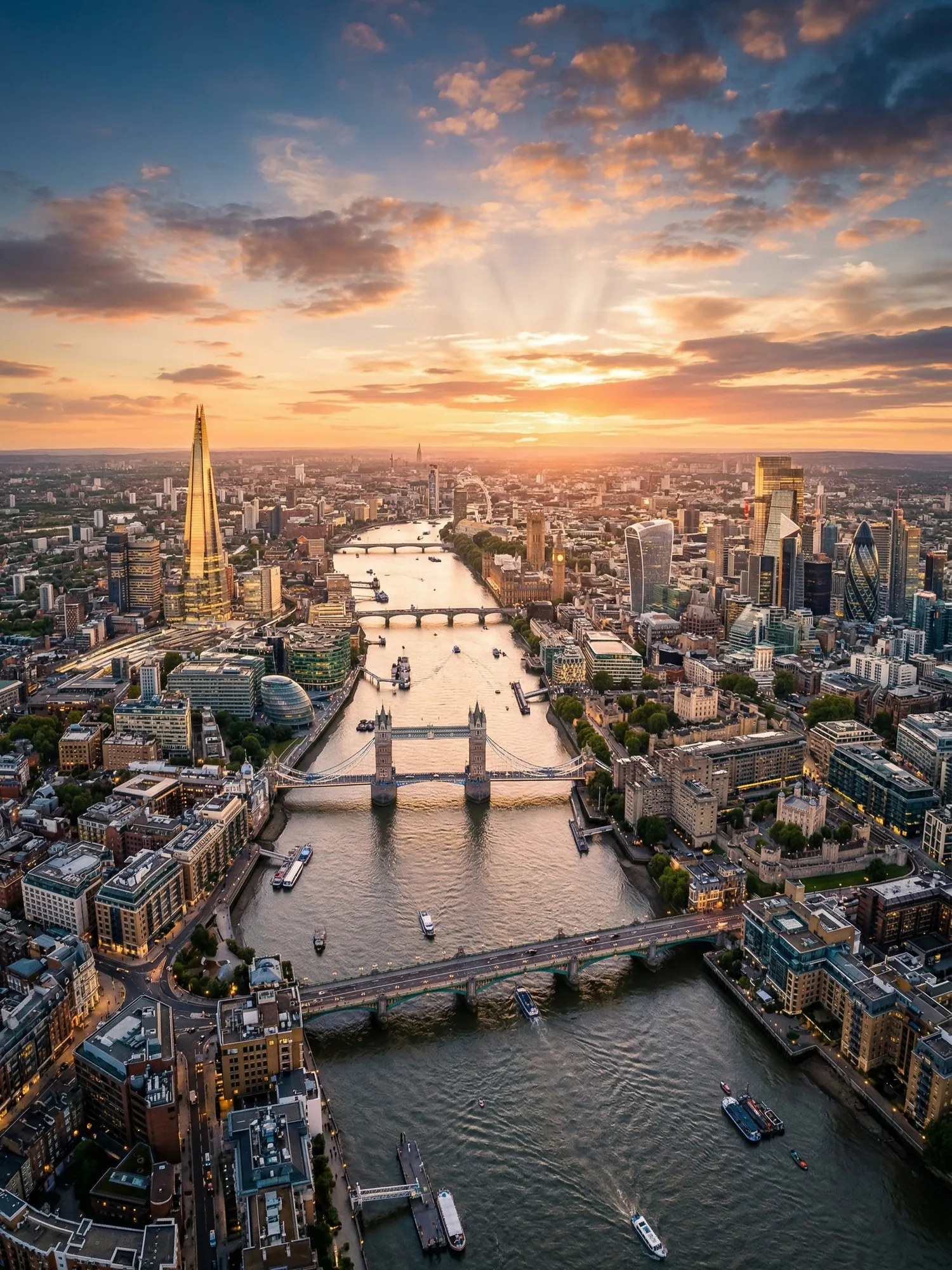 Panoramic aerial view of London skyline at golden hour