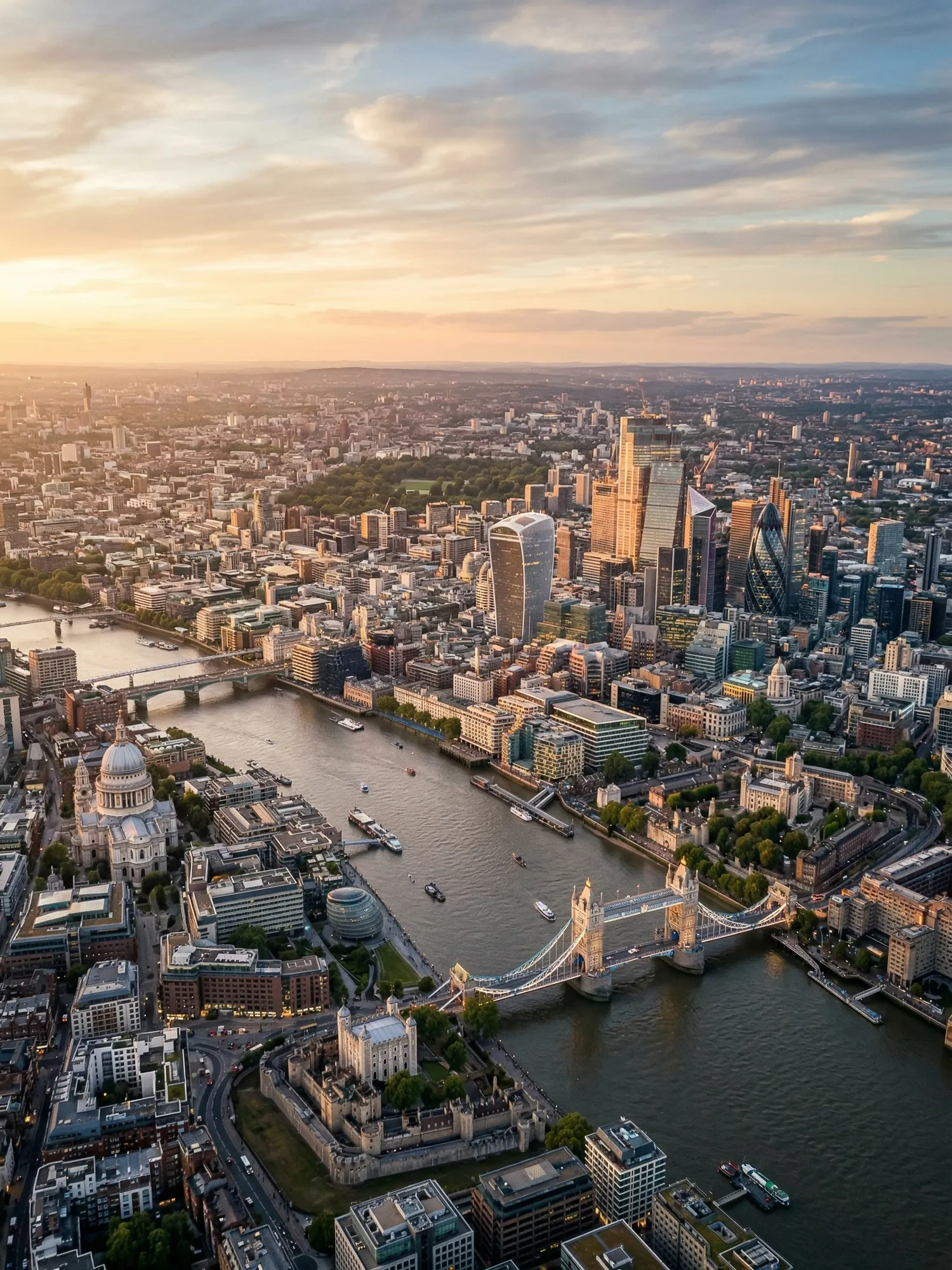Panoramic aerial view of London skyline at golden hour