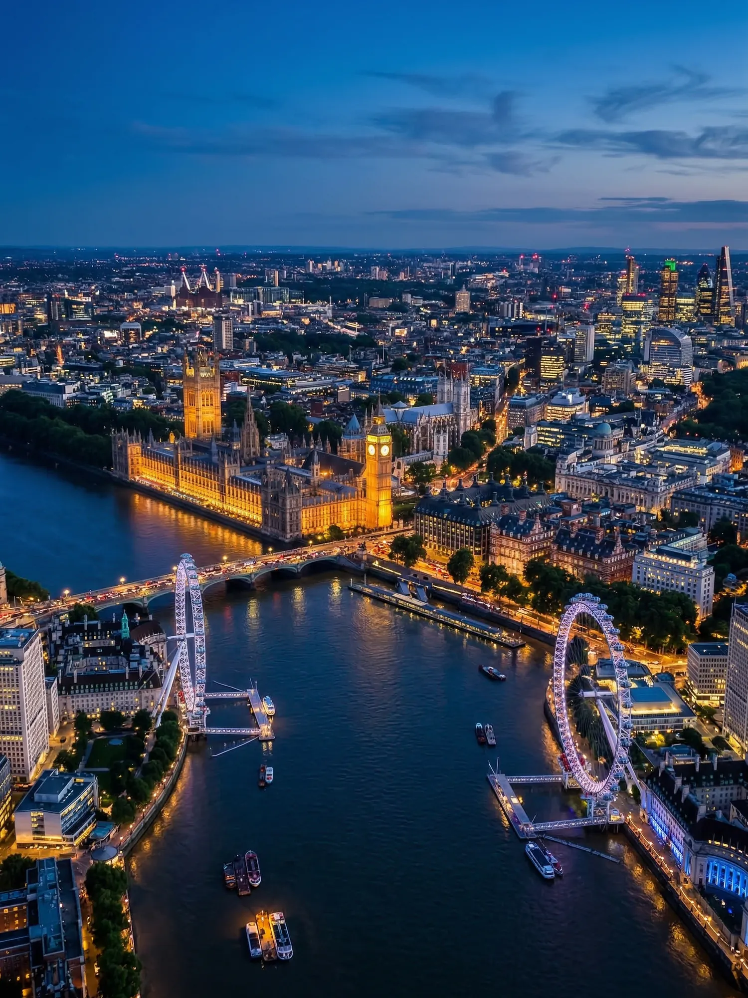 Panoramic aerial view of London skyline at golden hour