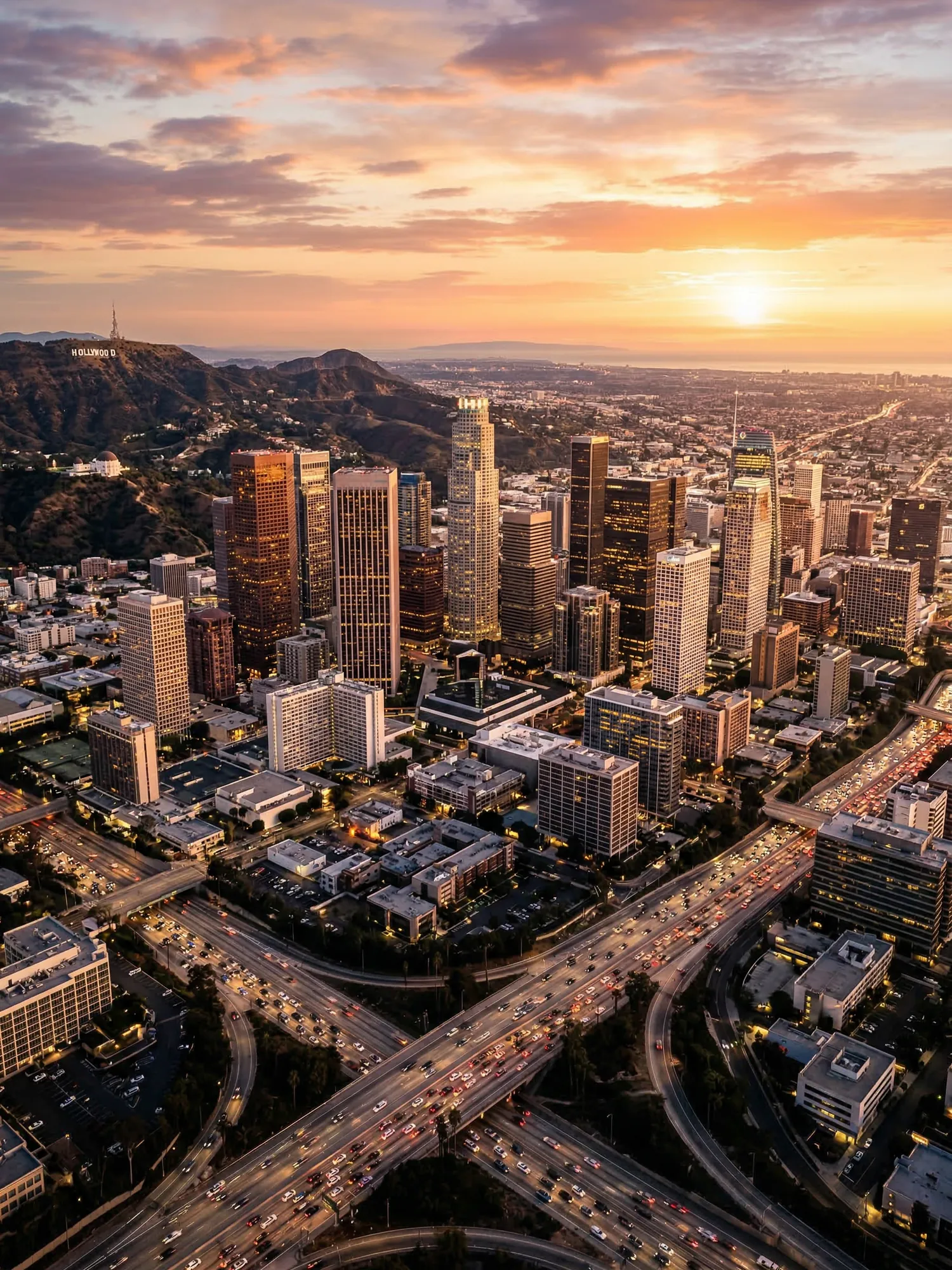Panoramic aerial view of Los Angeles skyline at golden hour