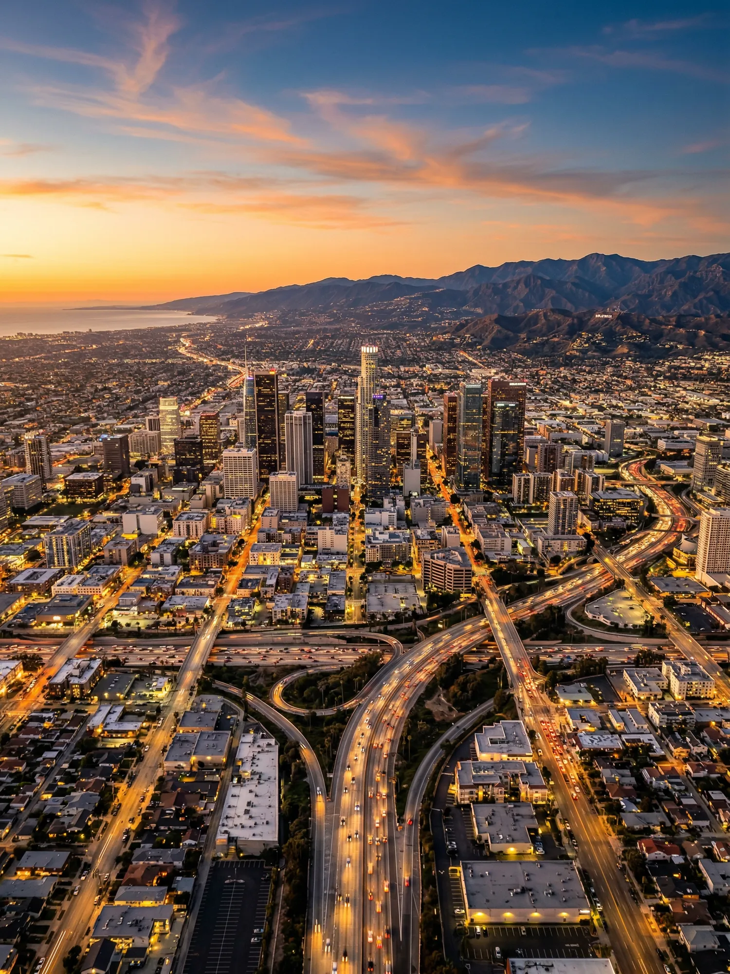 Panoramic aerial view of Los Angeles skyline at golden hour