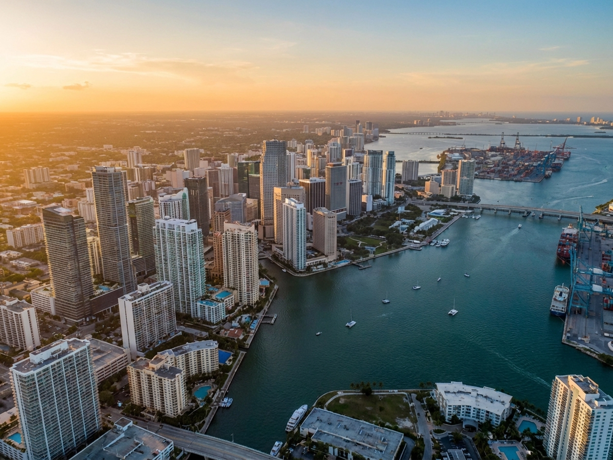 Panoramic aerial view of Miami skyline at golden hour