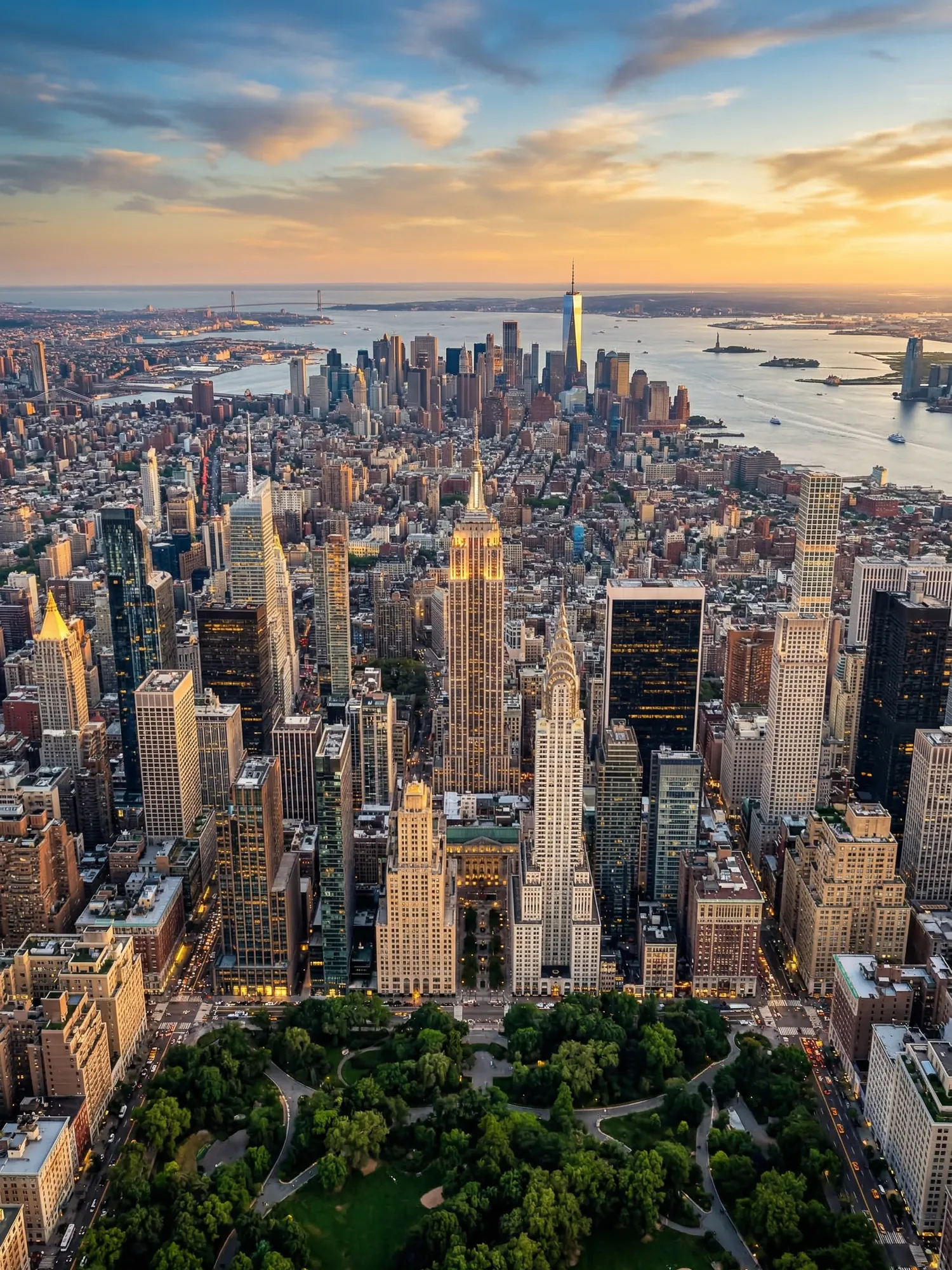 Panoramic aerial view of New York skyline at golden hour