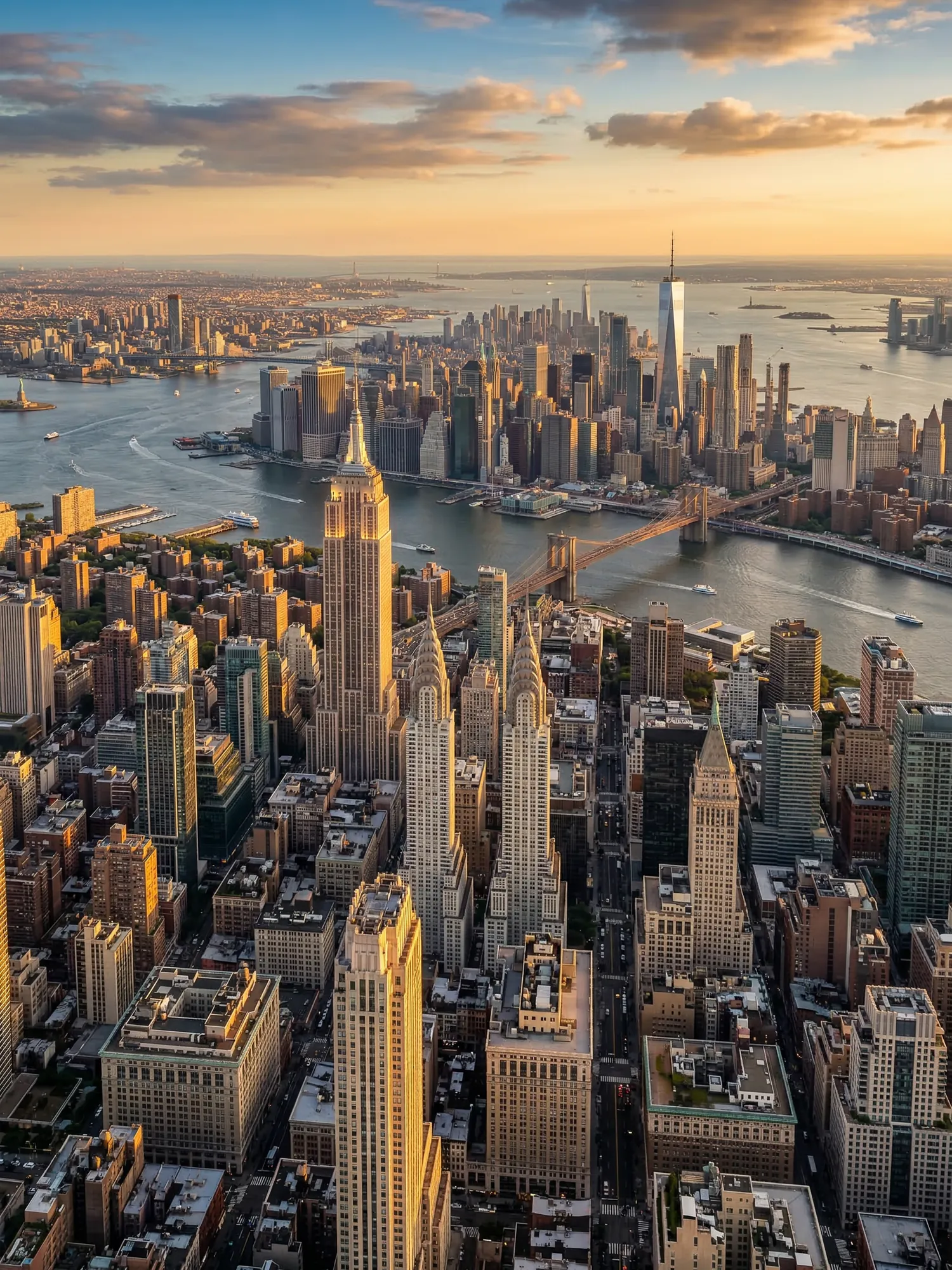 Panoramic aerial view of New York skyline at golden hour