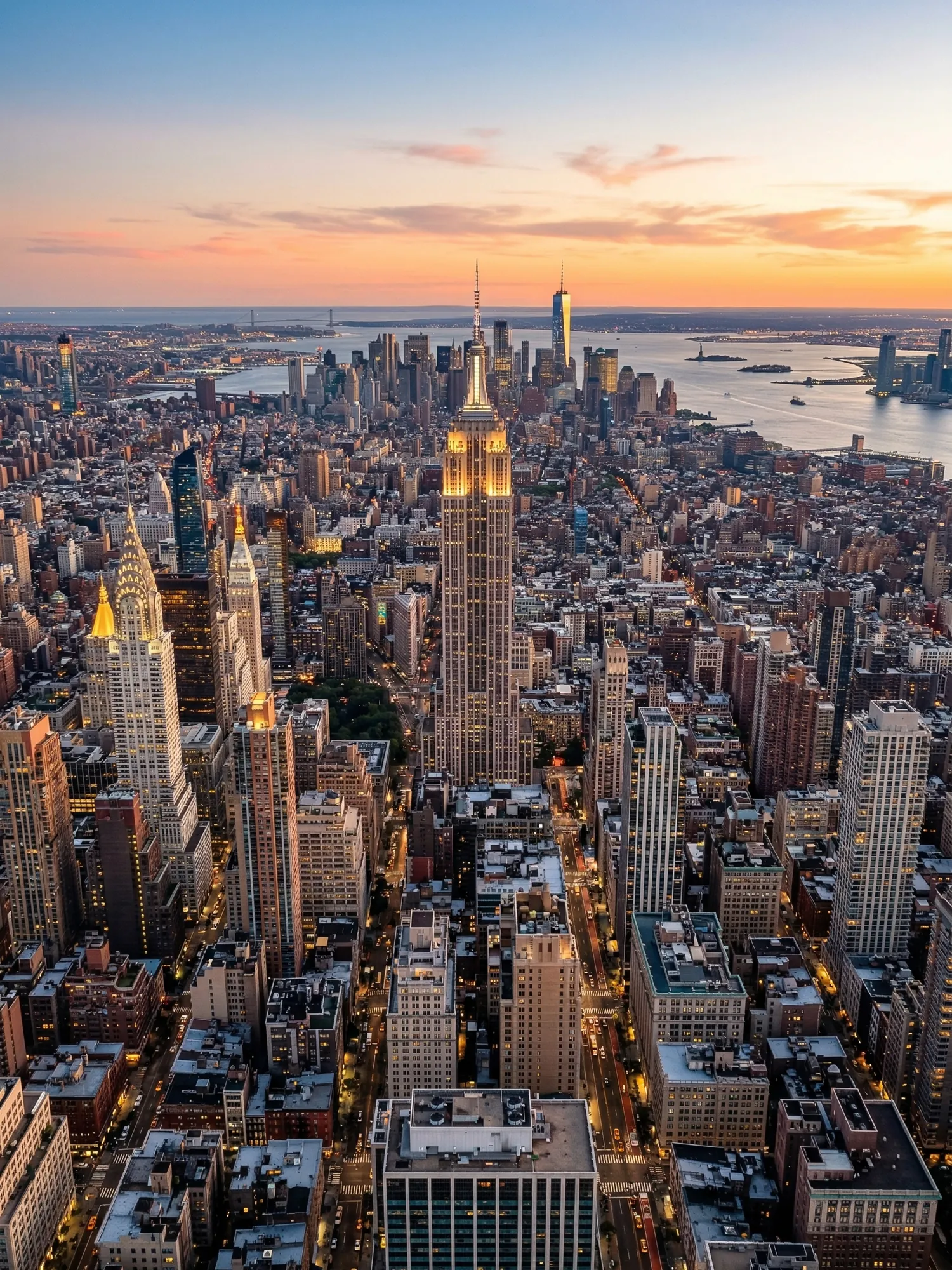 Panoramic aerial view of New York skyline at golden hour