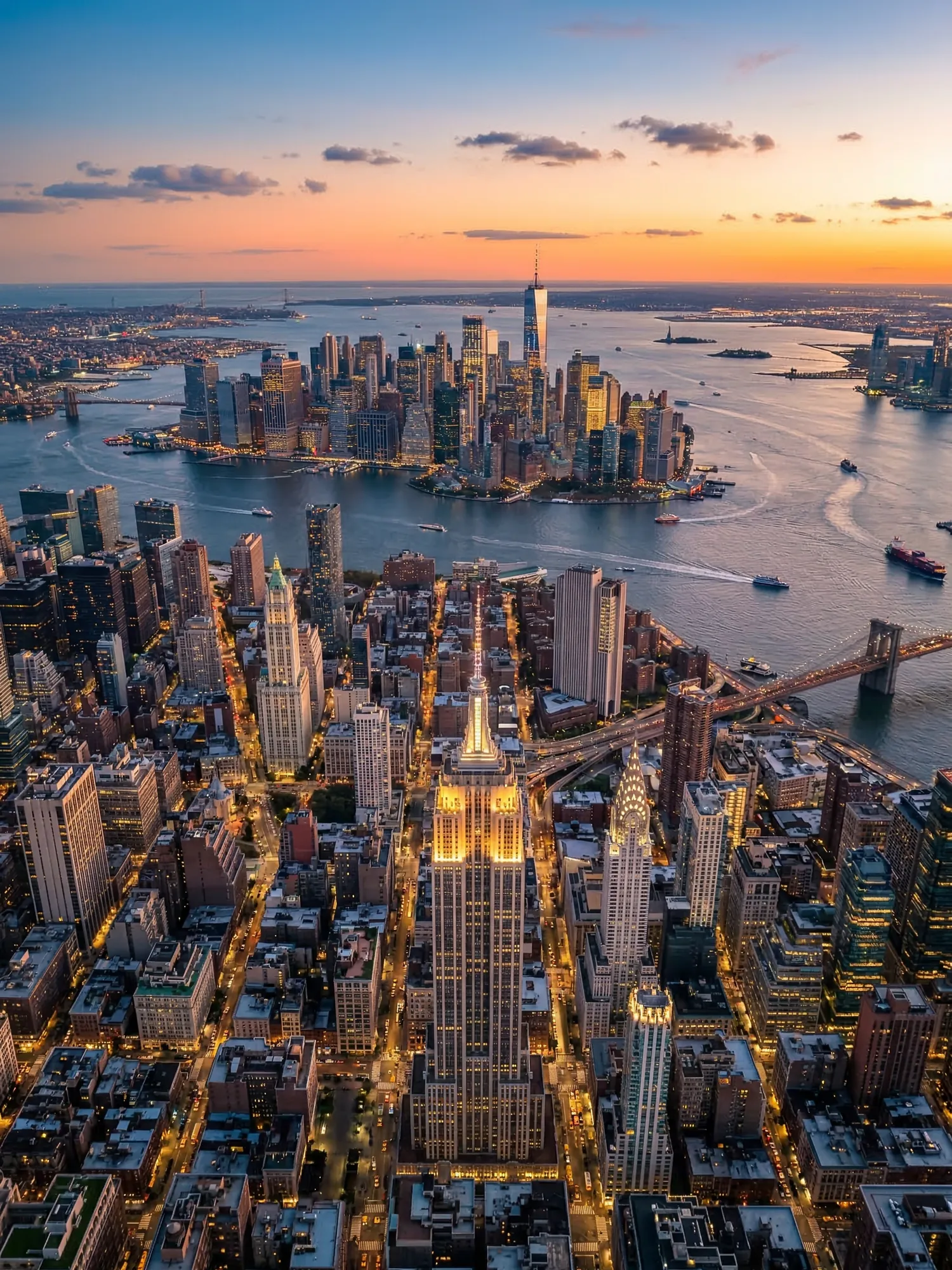 Panoramic aerial view of New York skyline at golden hour