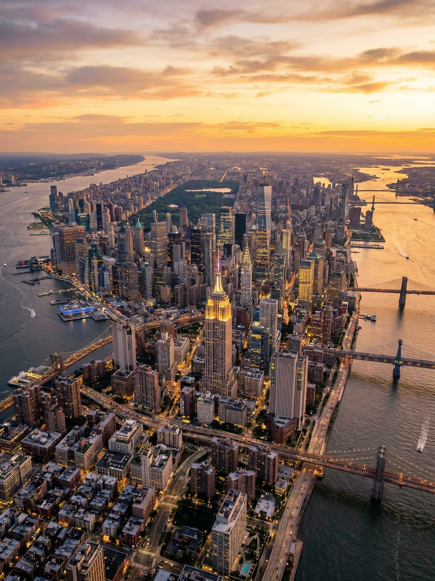 Panoramic aerial view of New York skyline at golden hour