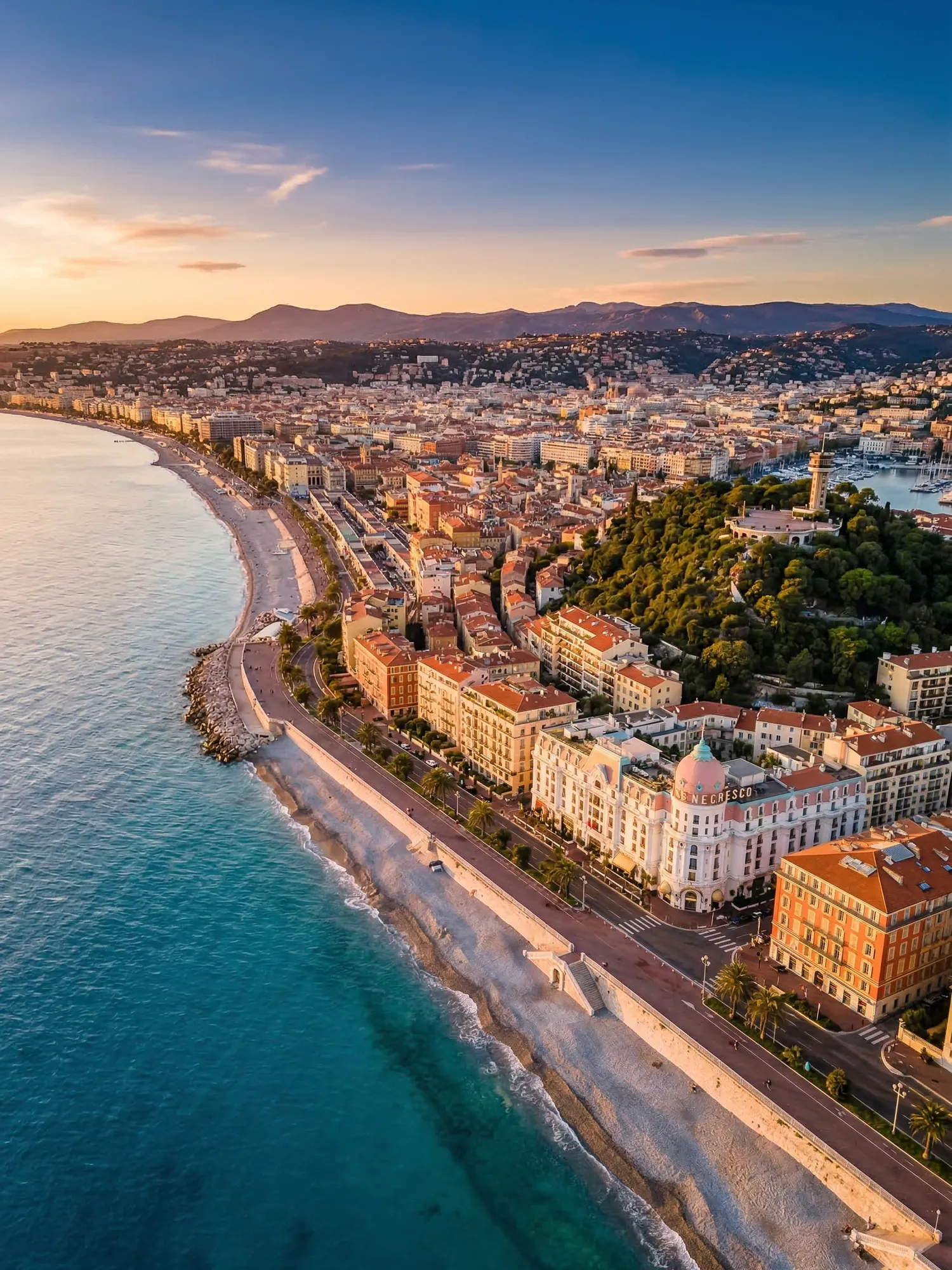 Panoramic aerial view of Nice skyline at golden hour