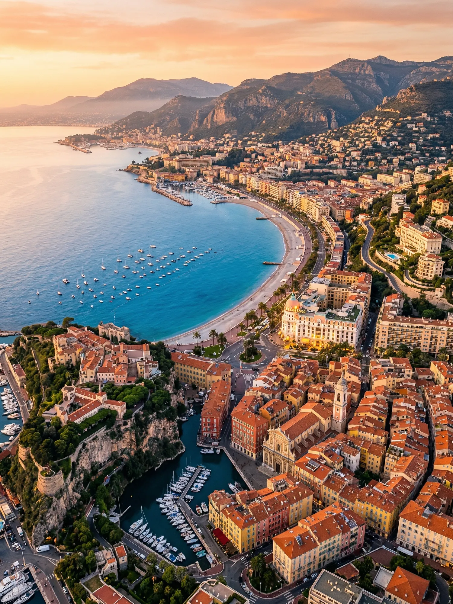 Panoramic aerial view of Nice skyline at golden hour