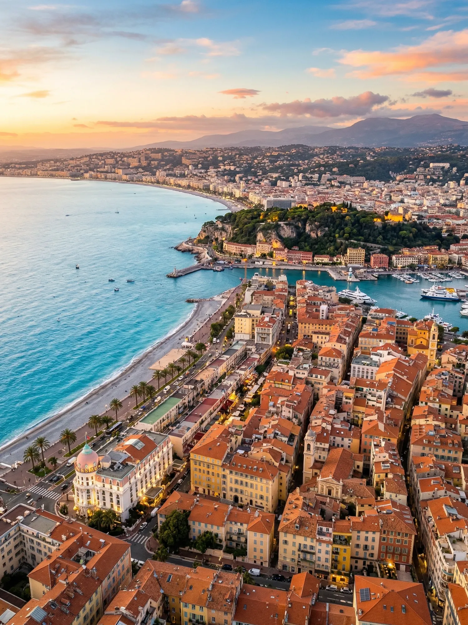 Panoramic aerial view of Nice skyline at golden hour