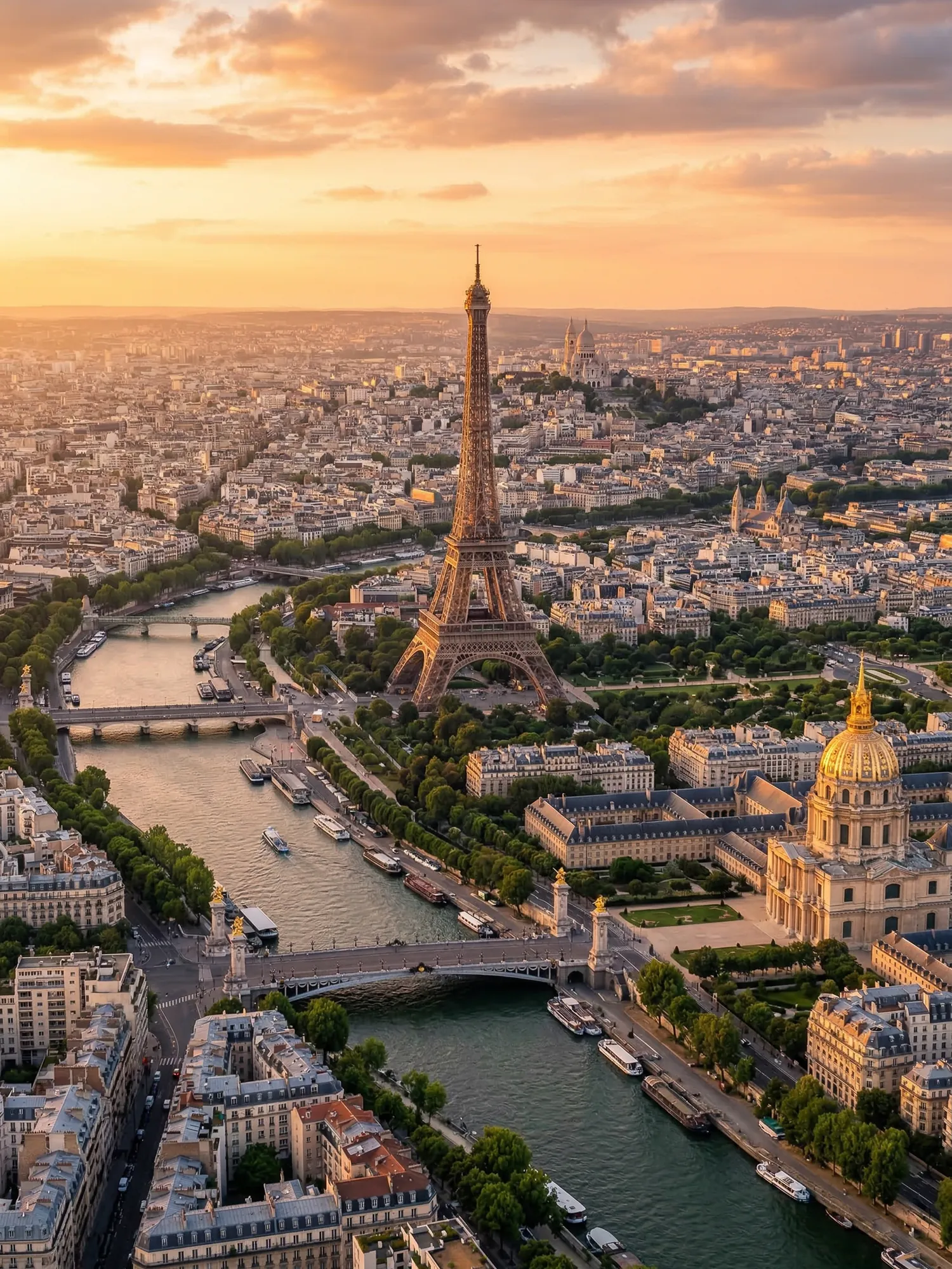 Panoramic aerial view of Paris skyline at golden hour