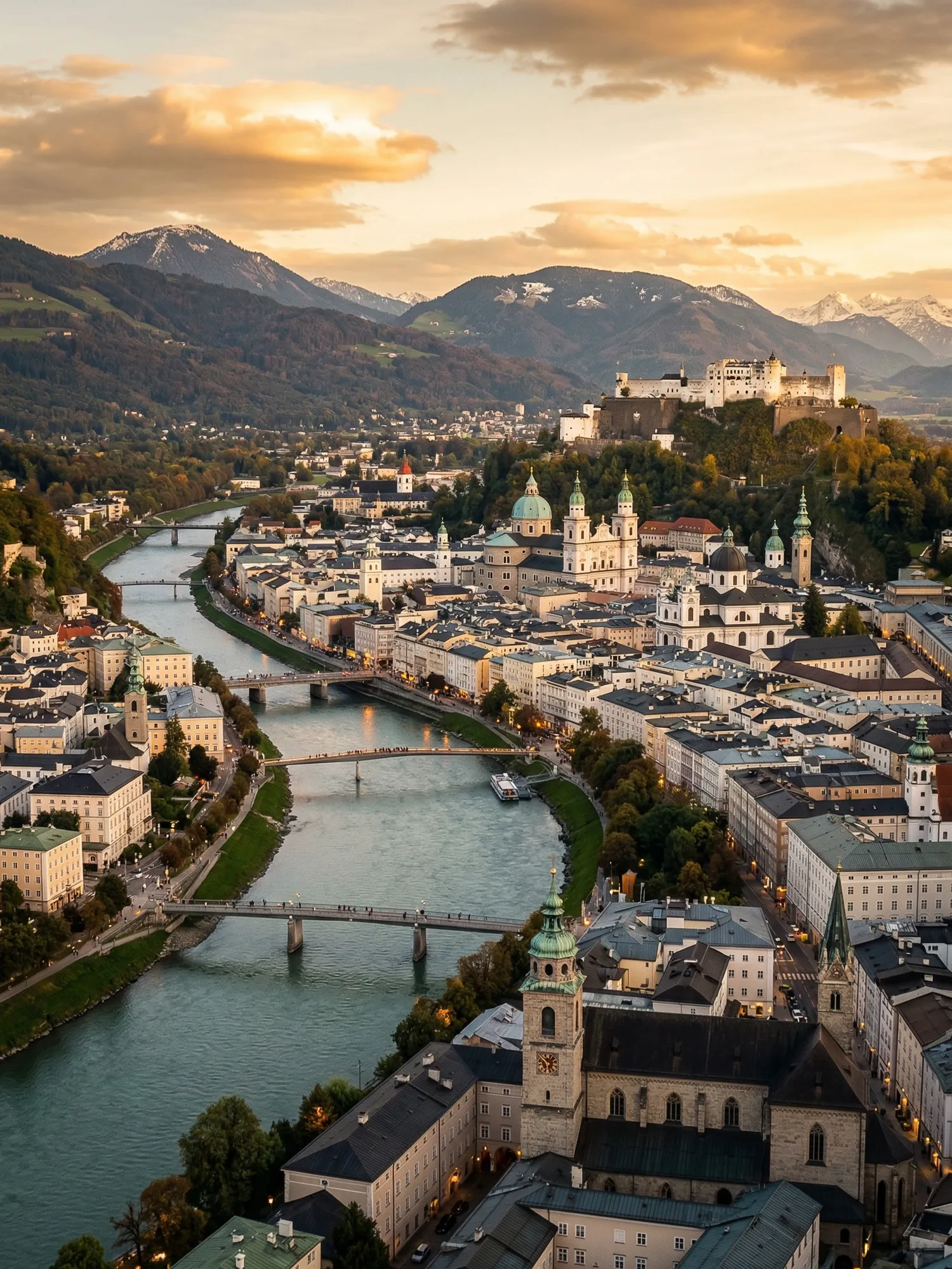 Panoramic aerial view of Salzburg skyline at golden hour