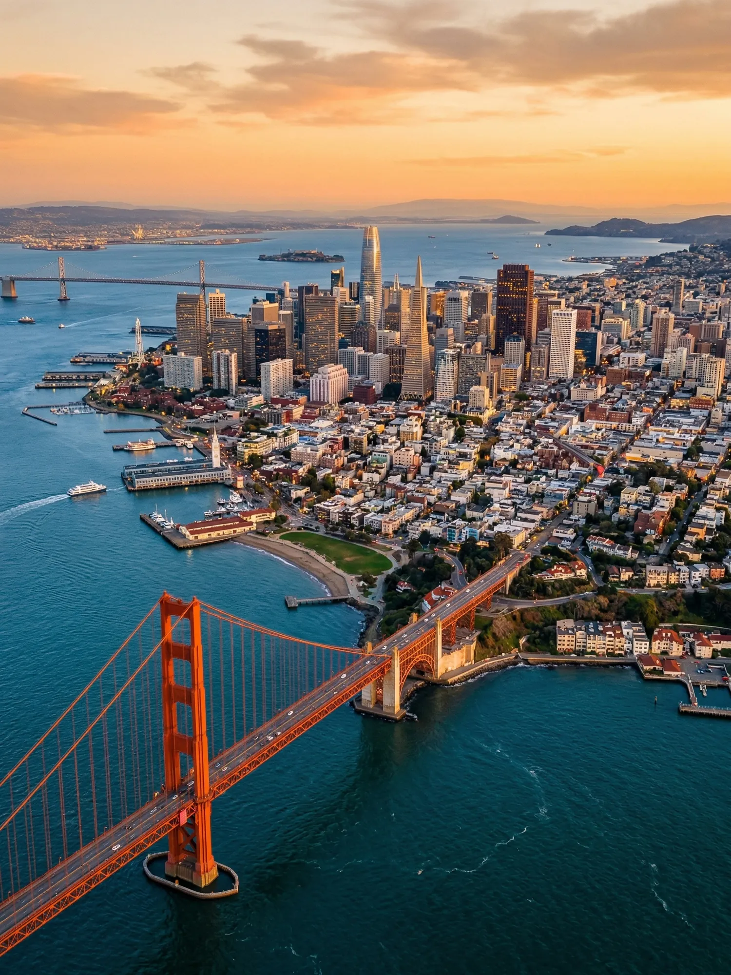 Panoramic aerial view of San Francisco skyline at golden hour