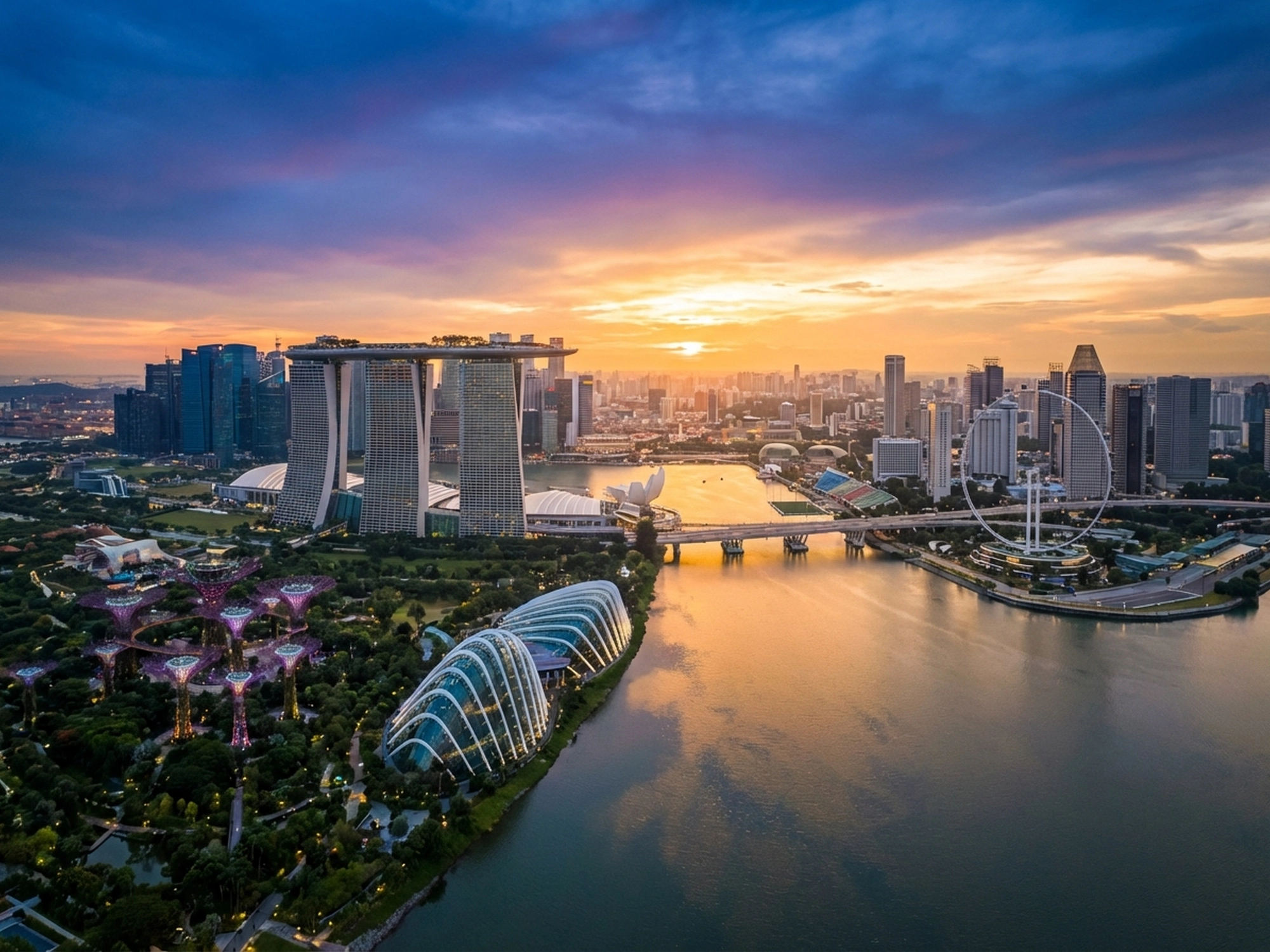 Panoramic aerial view of Singapore skyline at golden hour