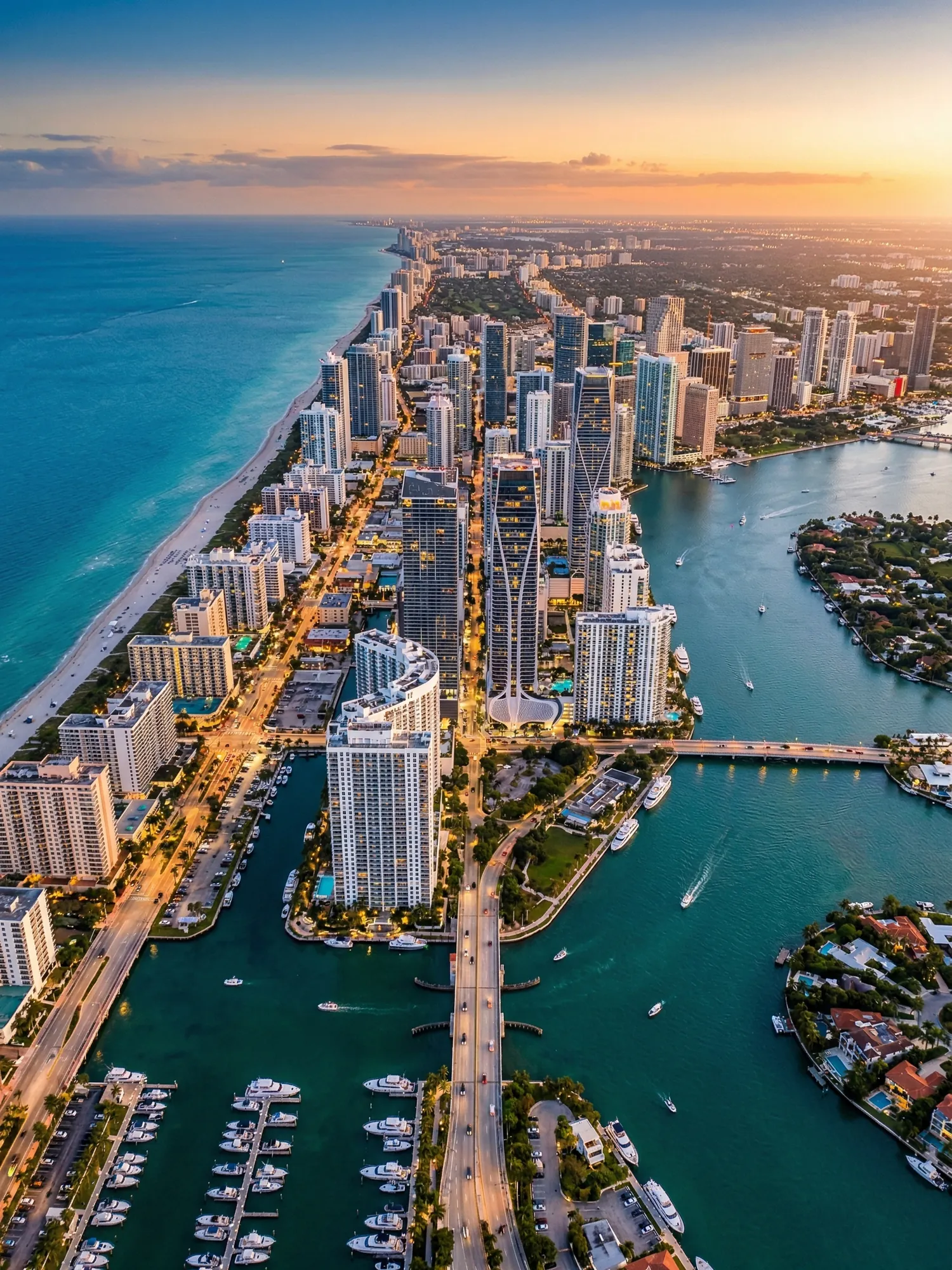 Panoramic aerial view of South Florida skyline at golden hour