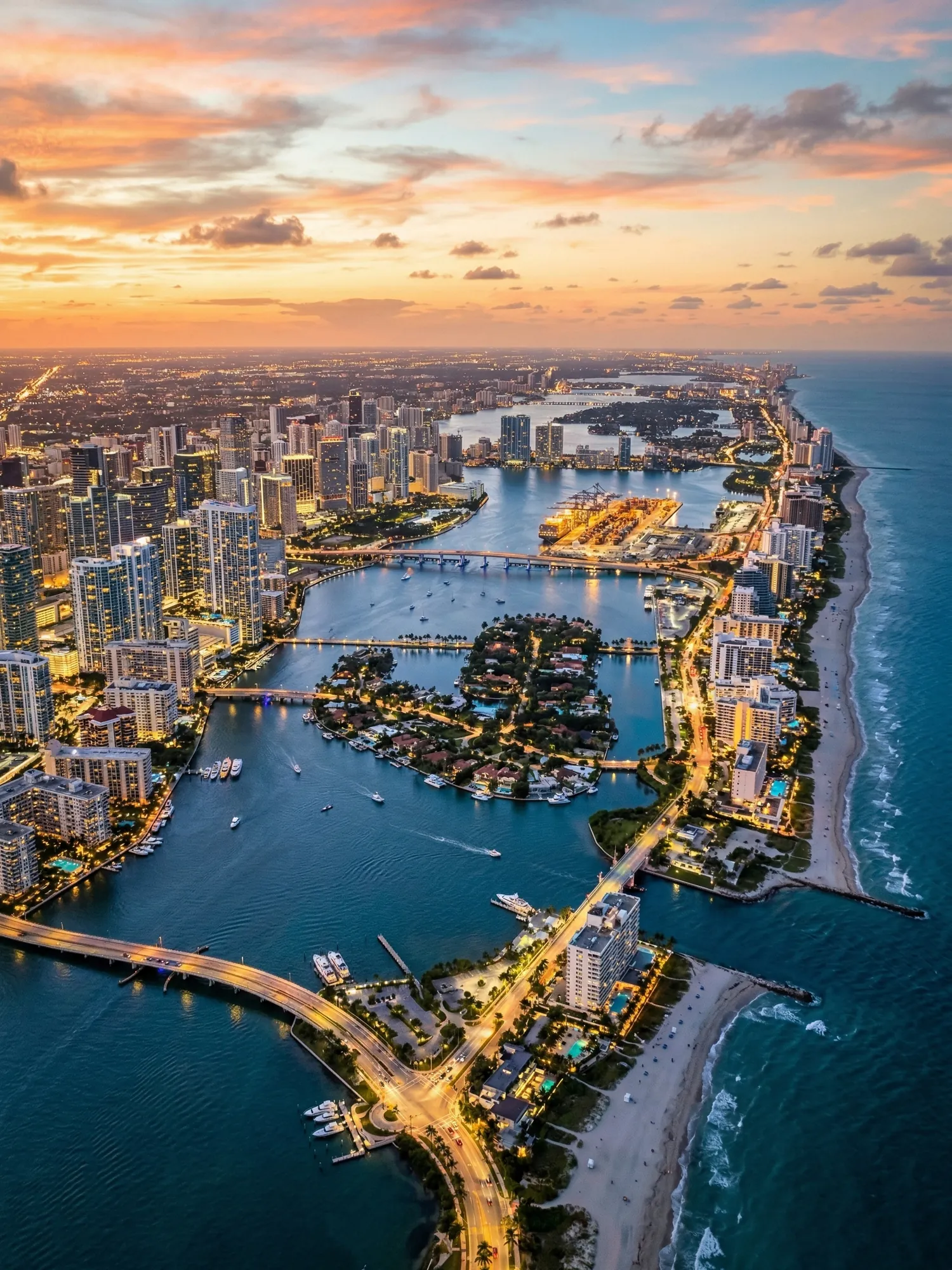 Panoramic aerial view of South Florida skyline at golden hour