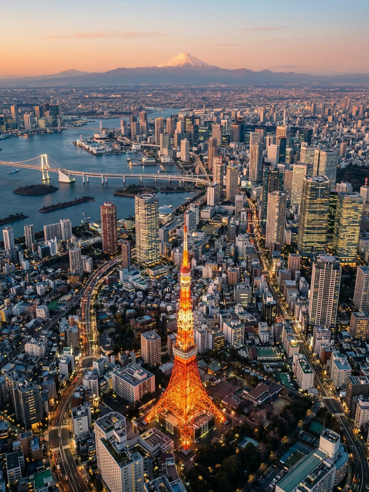 Panoramic aerial view of Tokyo skyline at golden hour
