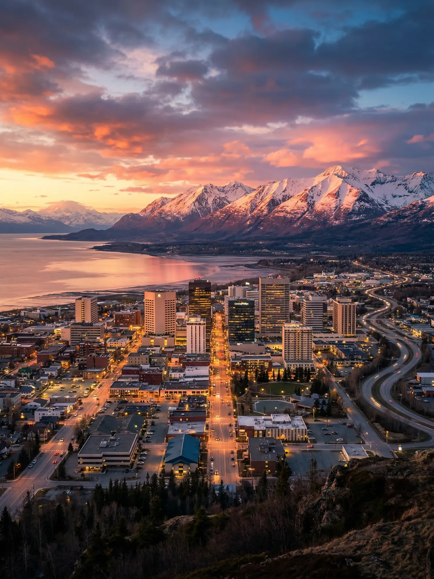 Image of Panoramic Cityscape View Of Anchorage At Sunset