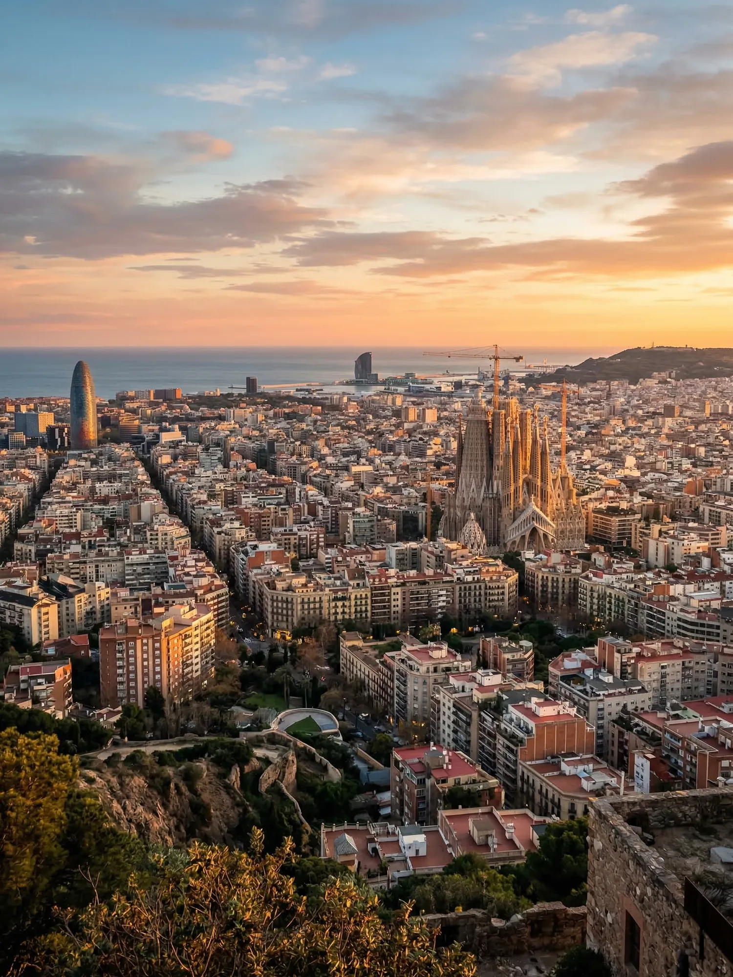 Image of Panoramic Cityscape View Of Barcelona At Sunset