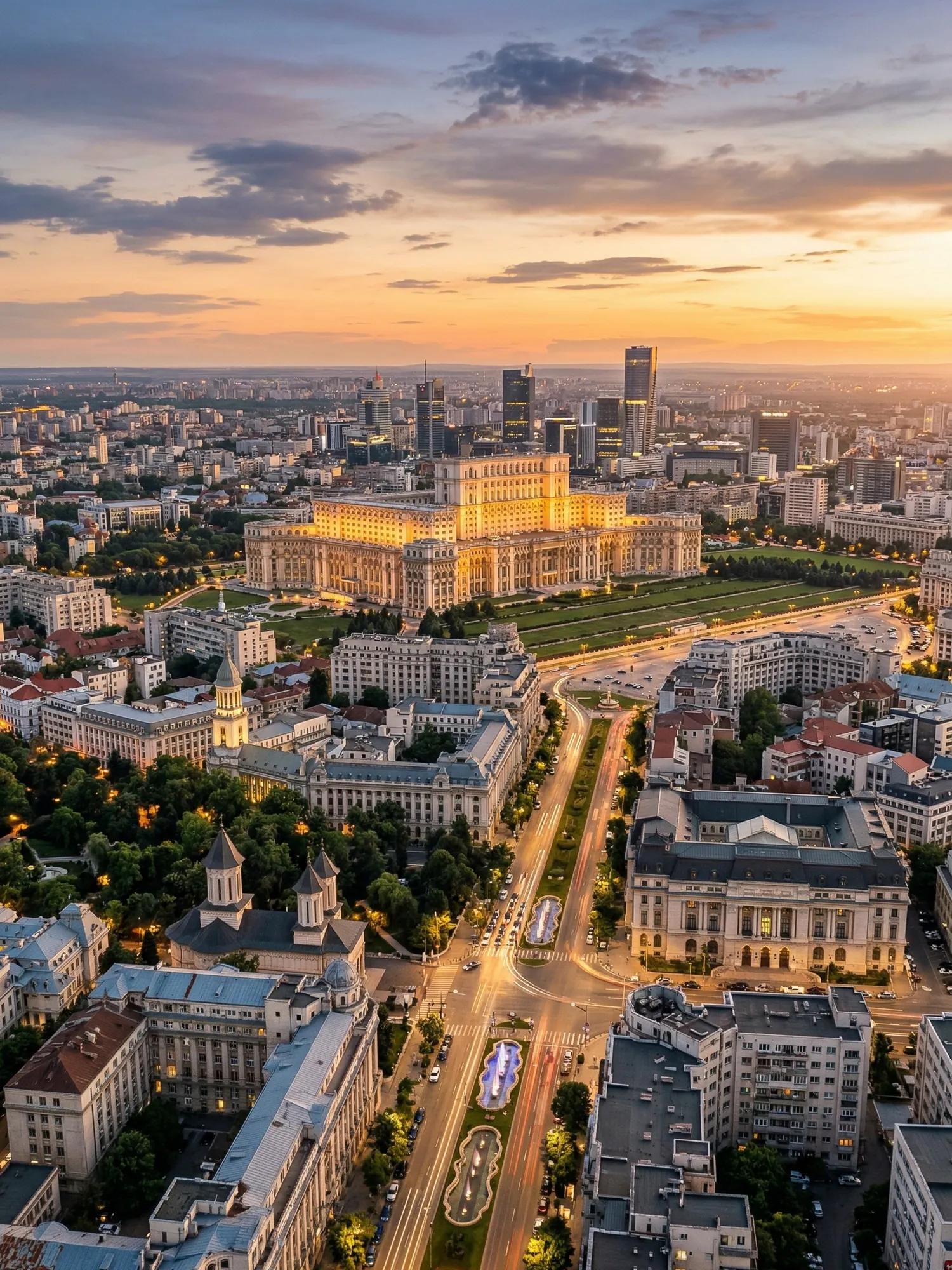 Image of Panoramic Cityscape View Of Bucharest At Sunset