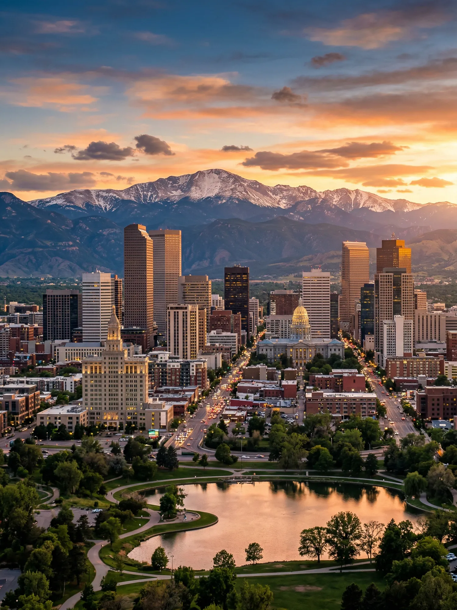 Image of Panoramic Cityscape View Of Denver At Sunset