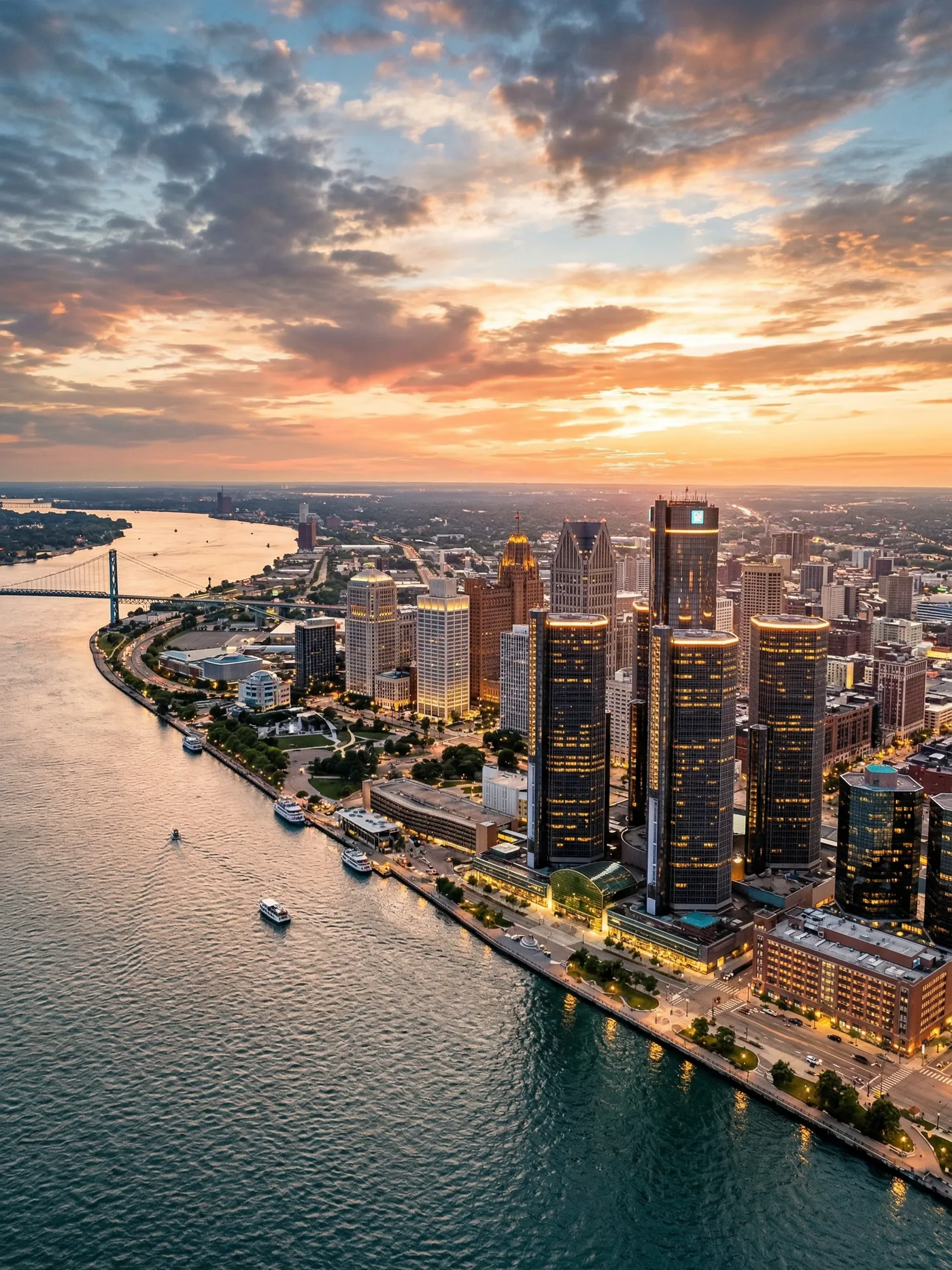 Image of Panoramic Cityscape View Of Detroit At Sunset