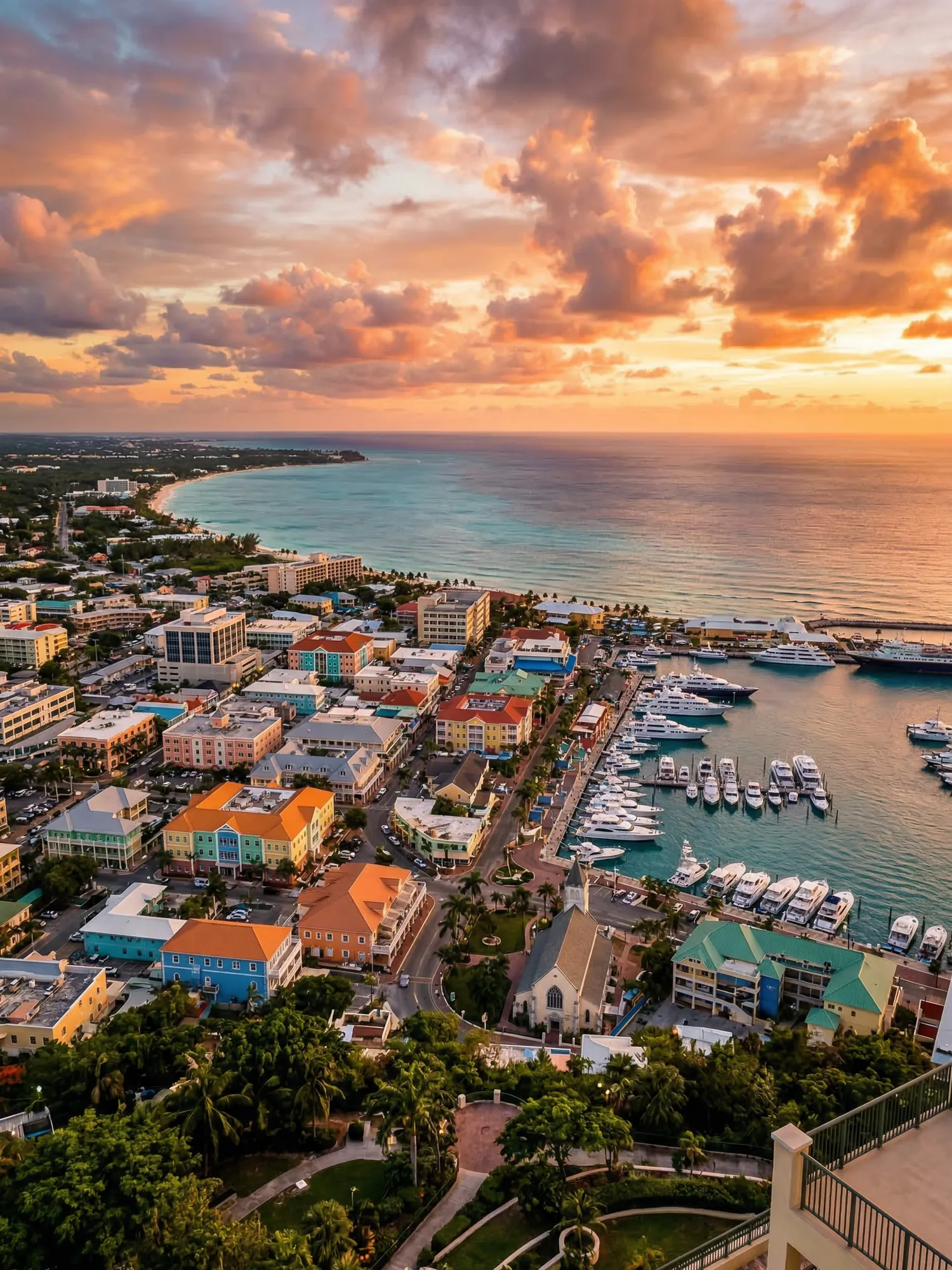 Image of Panoramic Cityscape View Of Grand Cayman At Sunset
