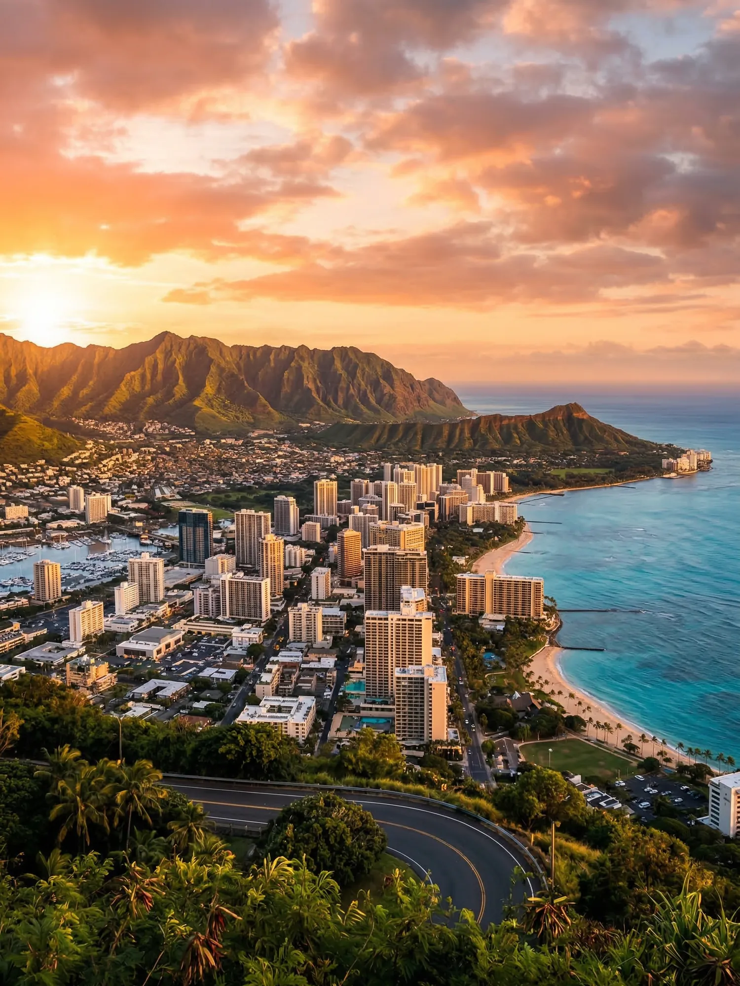Image of Panoramic Cityscape View Of Hawaii At Sunset