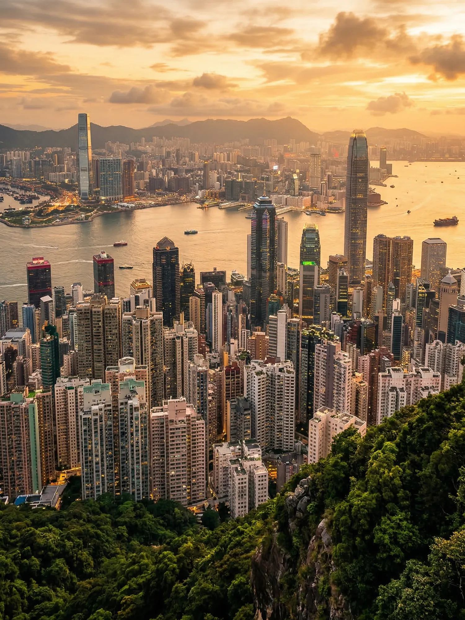 Image of Panoramic Cityscape View Of Hong Kong At Sunset