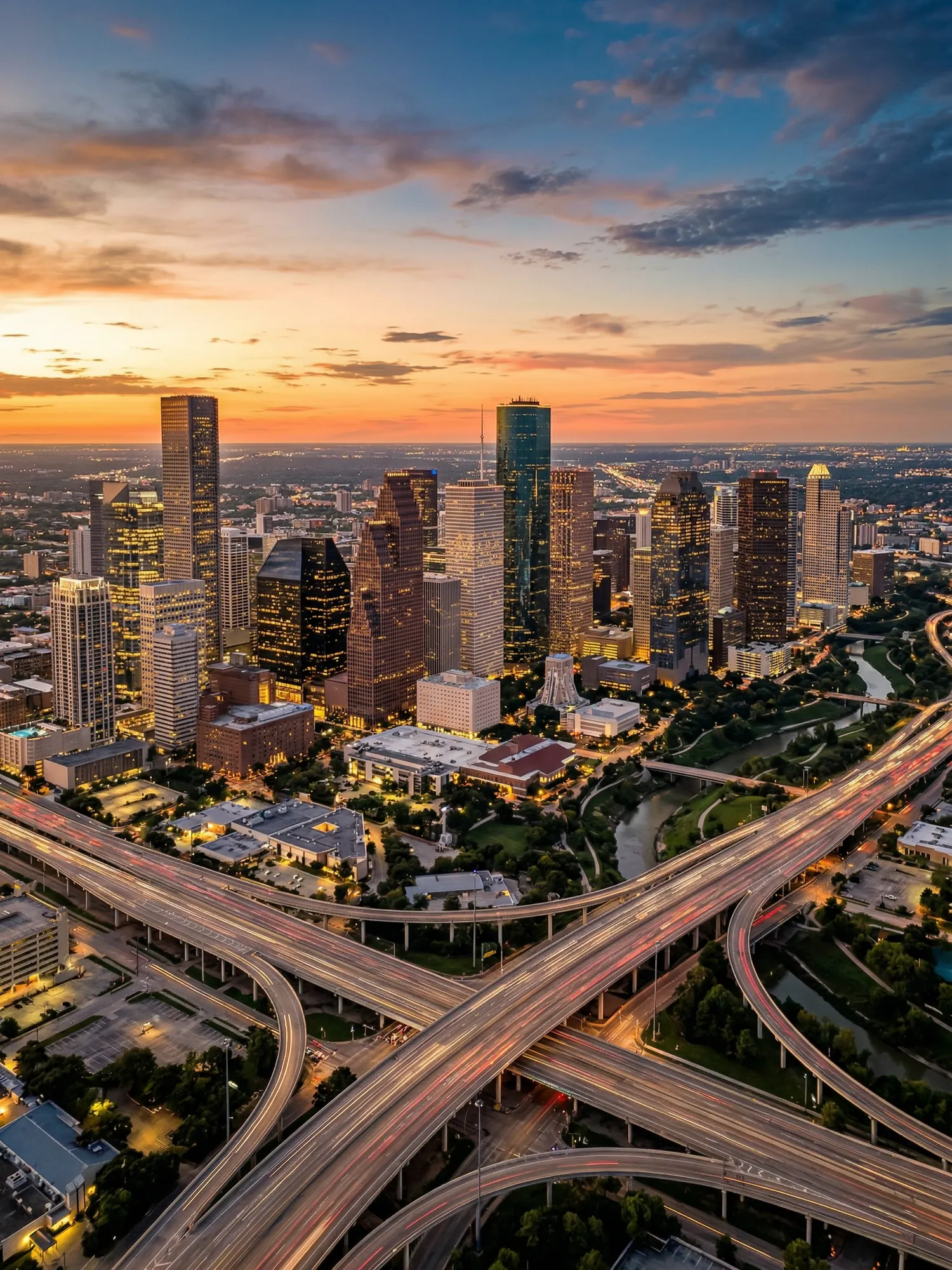 Image of Panoramic Cityscape View Of Houston At Sunset