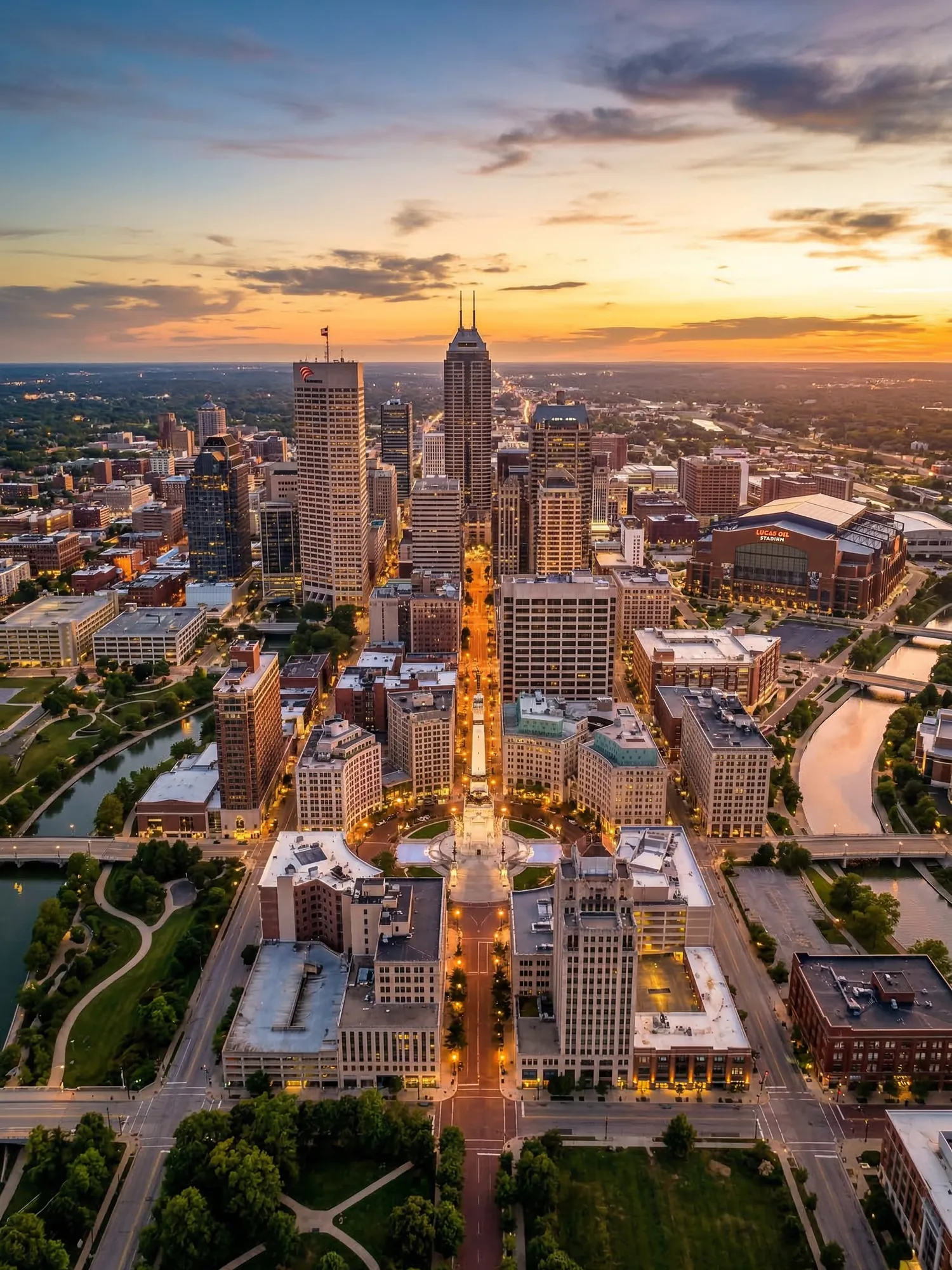Image of Panoramic Cityscape View Of Indianapolis At Sunset