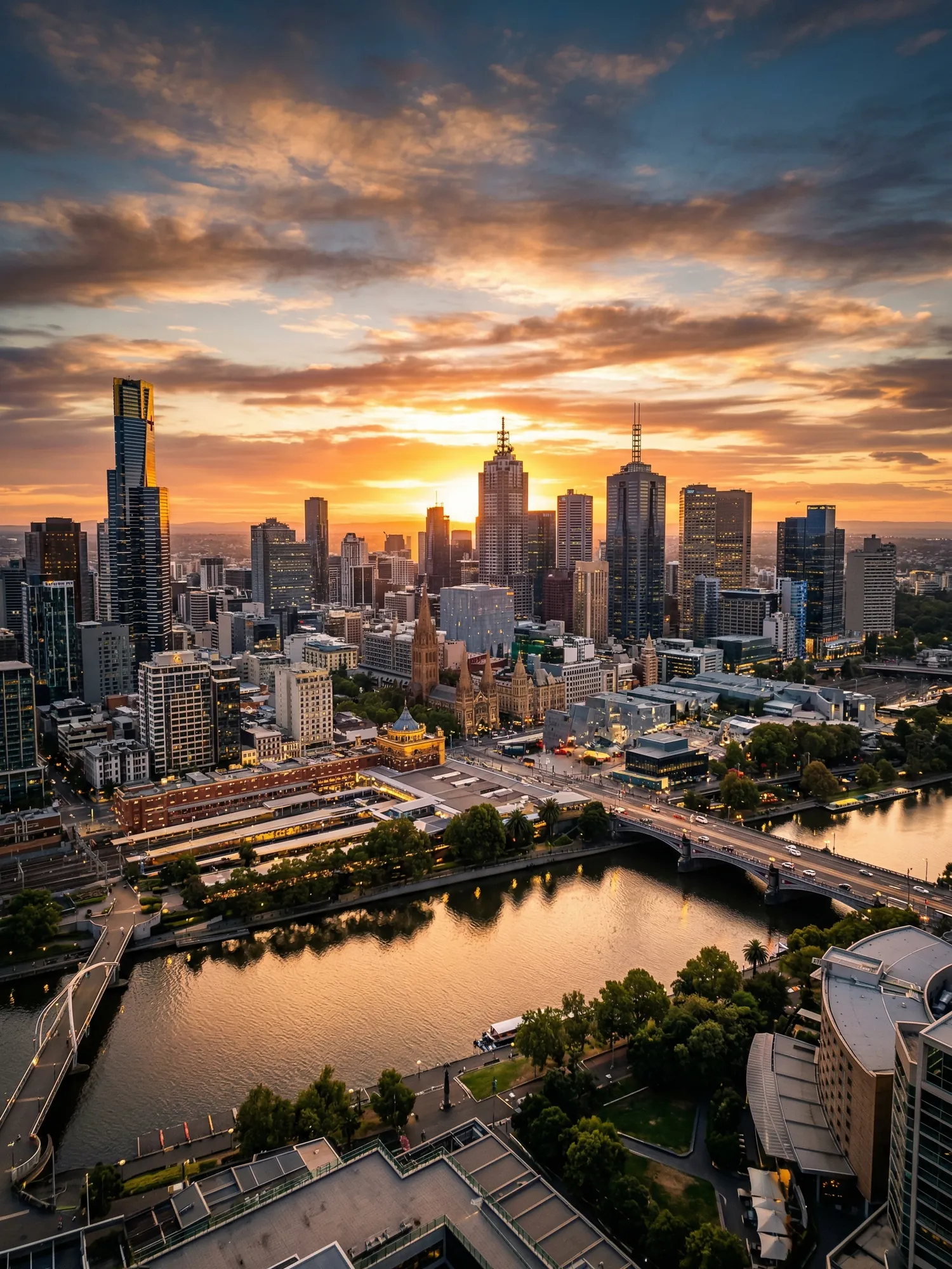Image of Panoramic Cityscape View Of Melbourne At Sunset