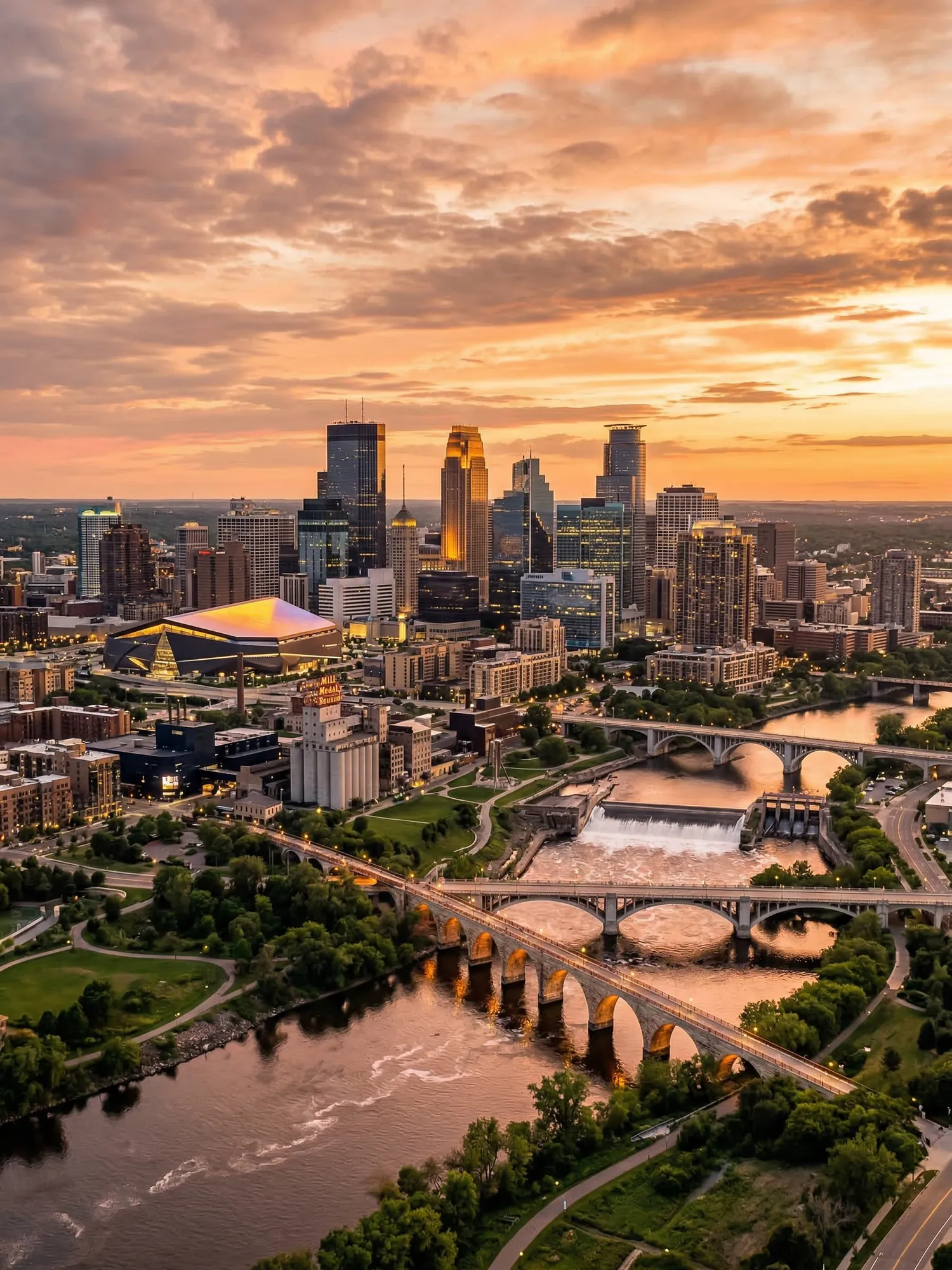 Image of Panoramic Cityscape View Of Minneapolis At Sunset