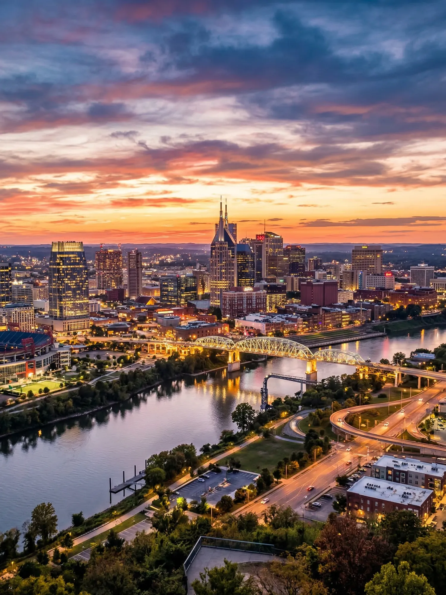 Image of Panoramic Cityscape View Of Nashville At Sunset
