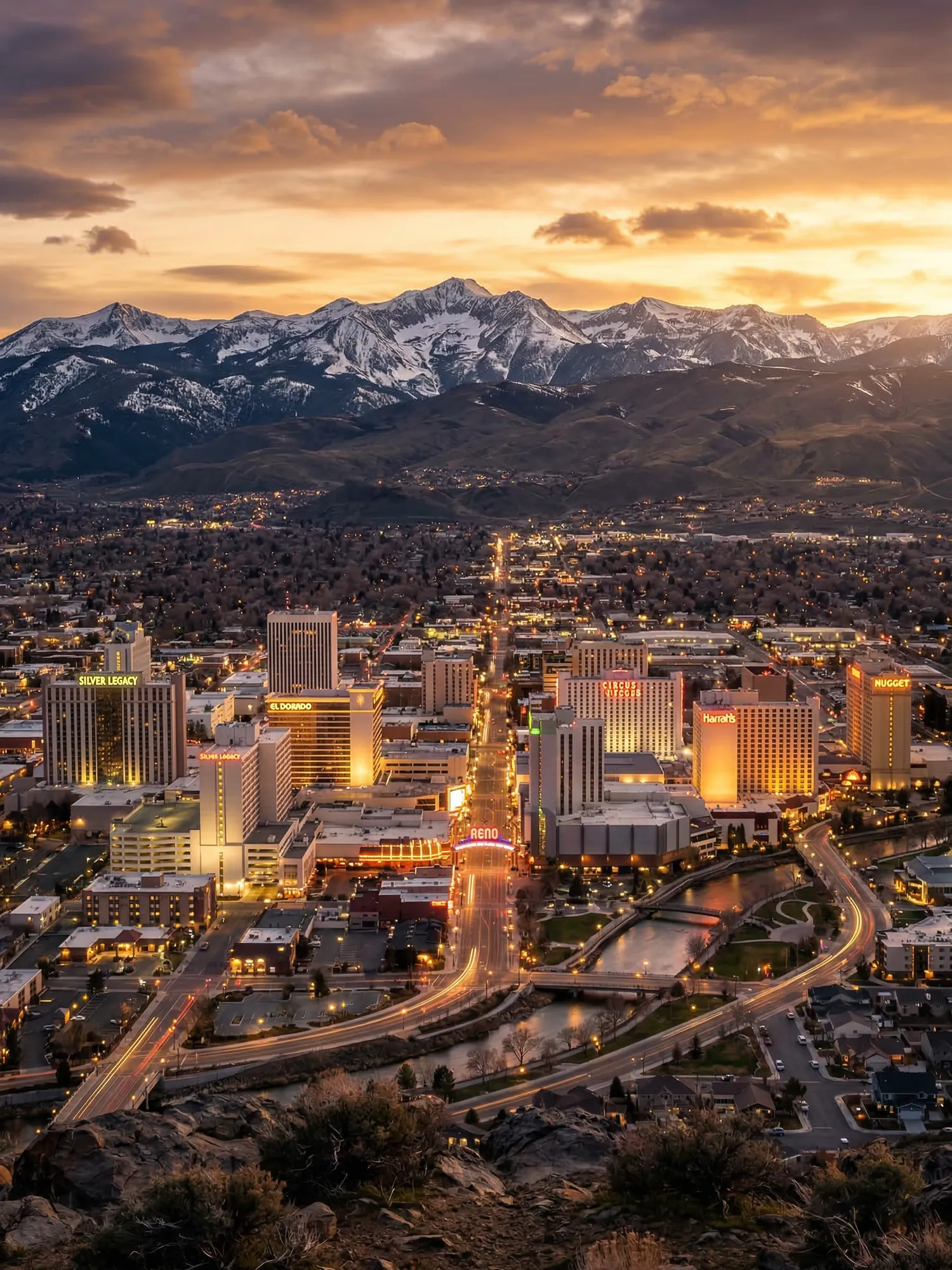Image of Panoramic Cityscape View Of Reno At Sunset