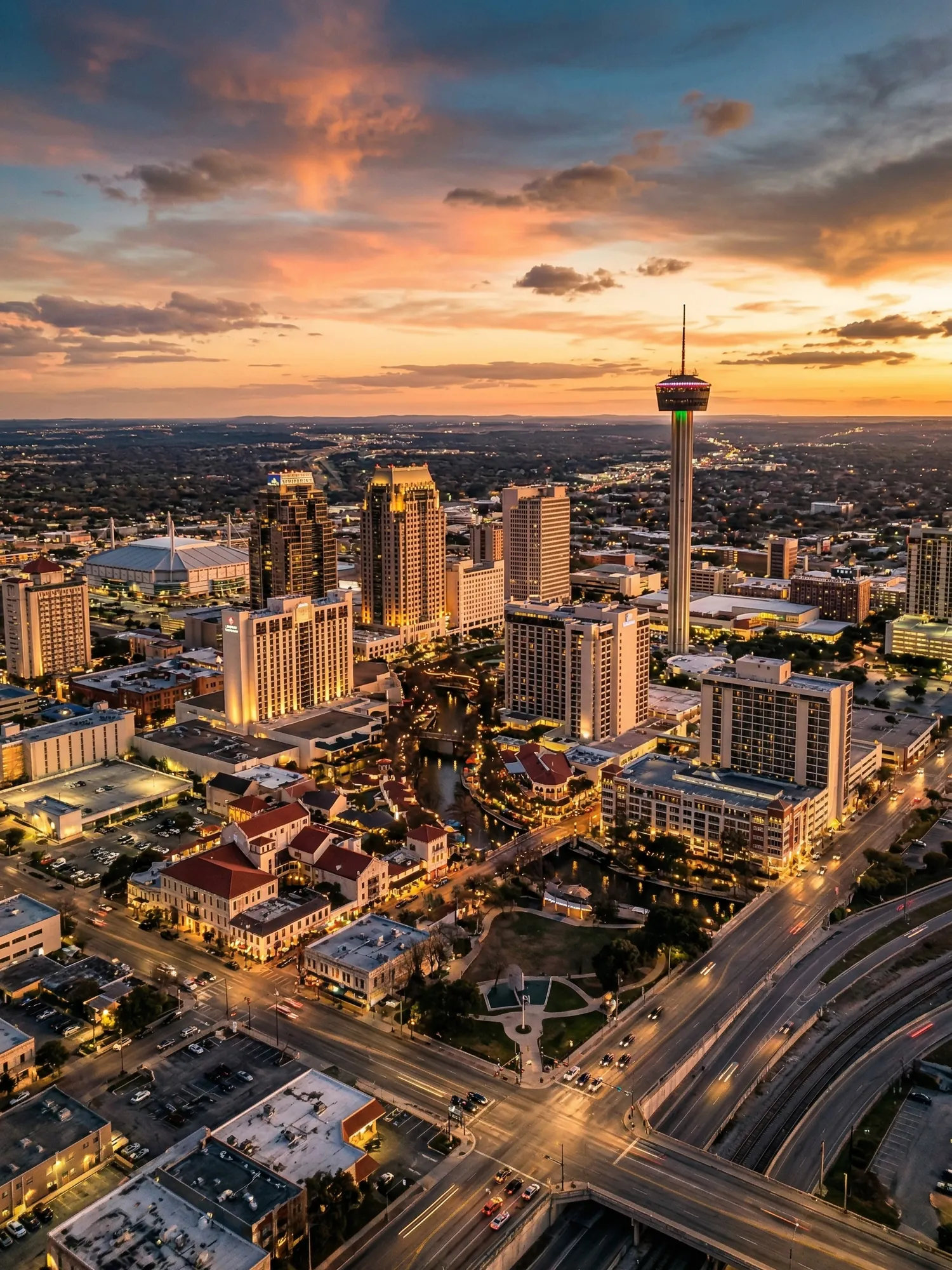 Image of Panoramic Cityscape View Of San Antonio At Sunset